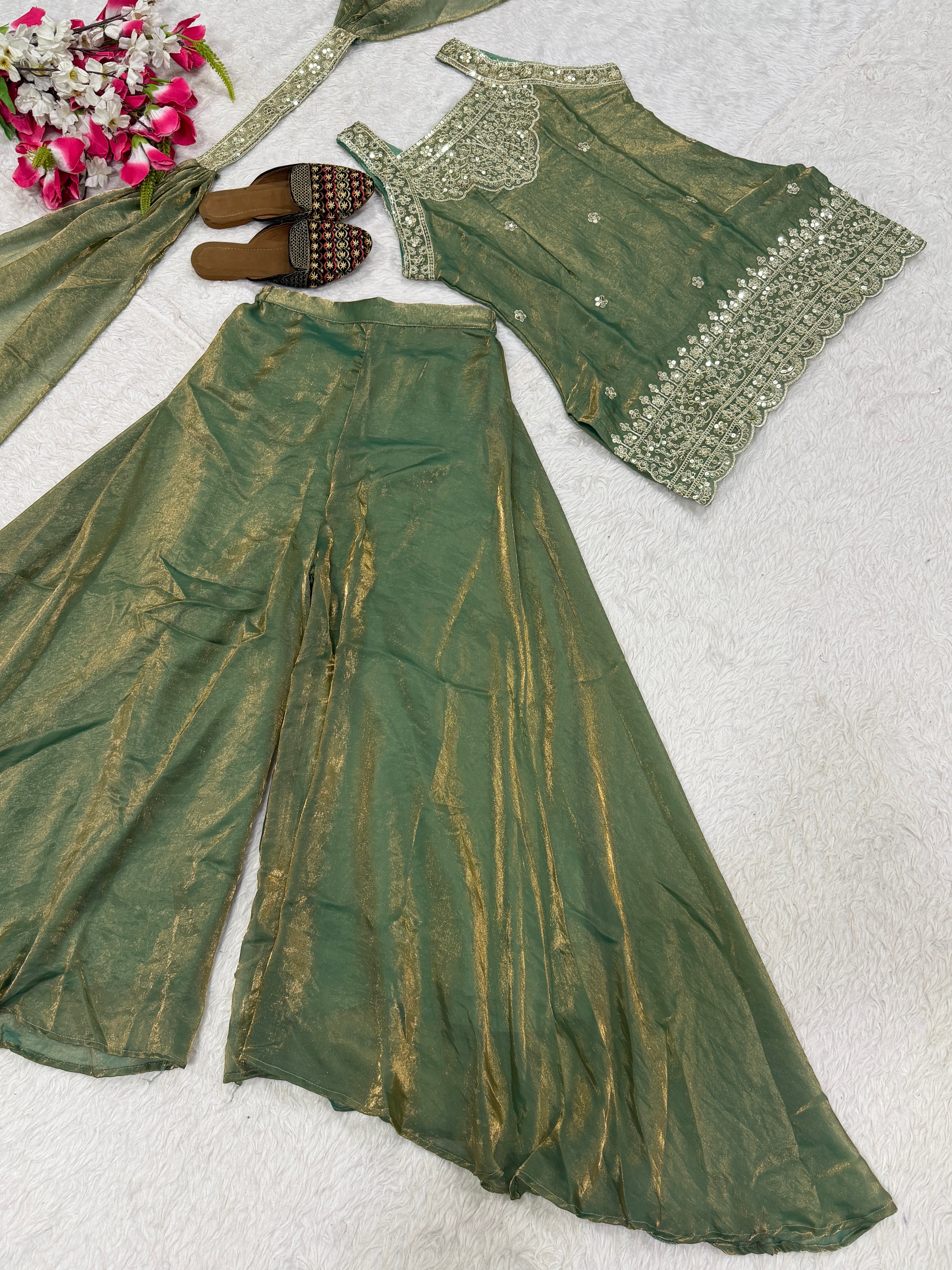 Olive Green Heavy Fandy Silk Sequin Embroidered Sharara Palazzo Set