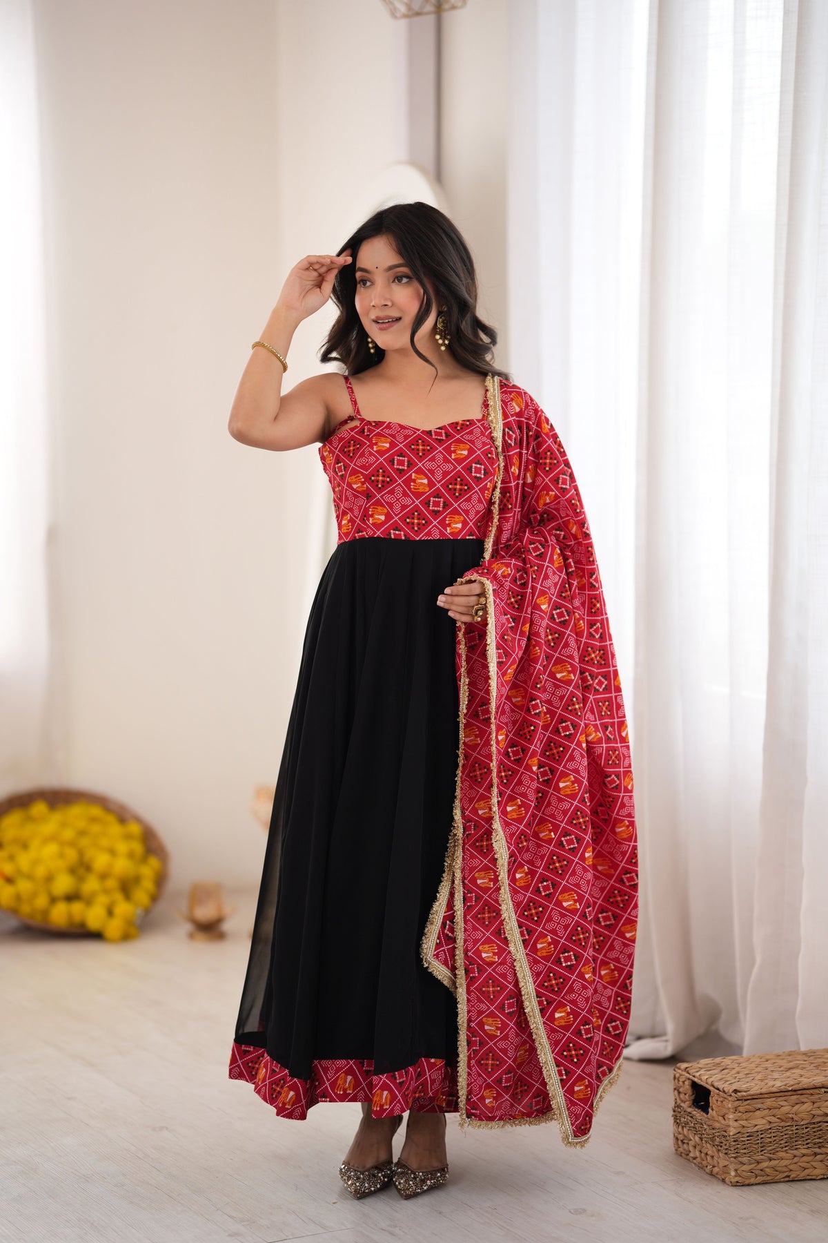 Red & Black Bandhani Anarkali Gown Set with Printed Dupatta