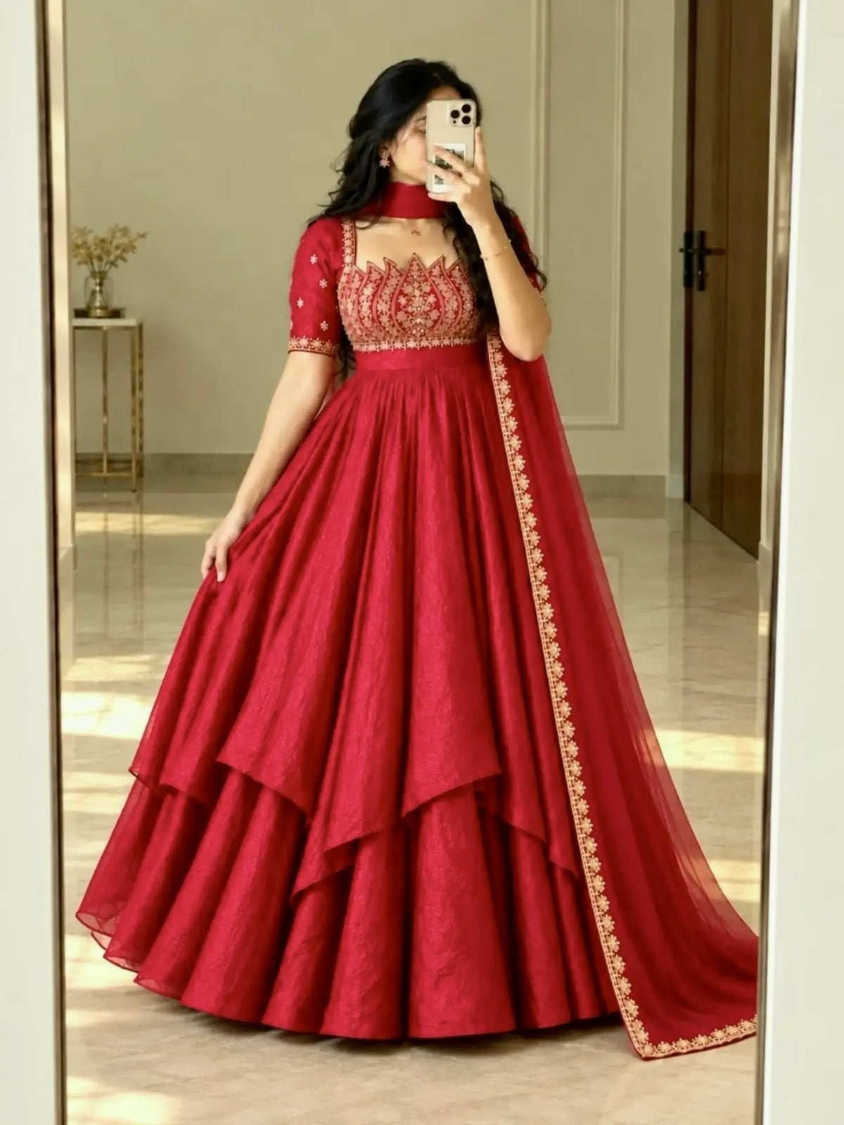 Wine Red Crush Silk Embroidered Anarkali Gown Set with Net Dupatta
