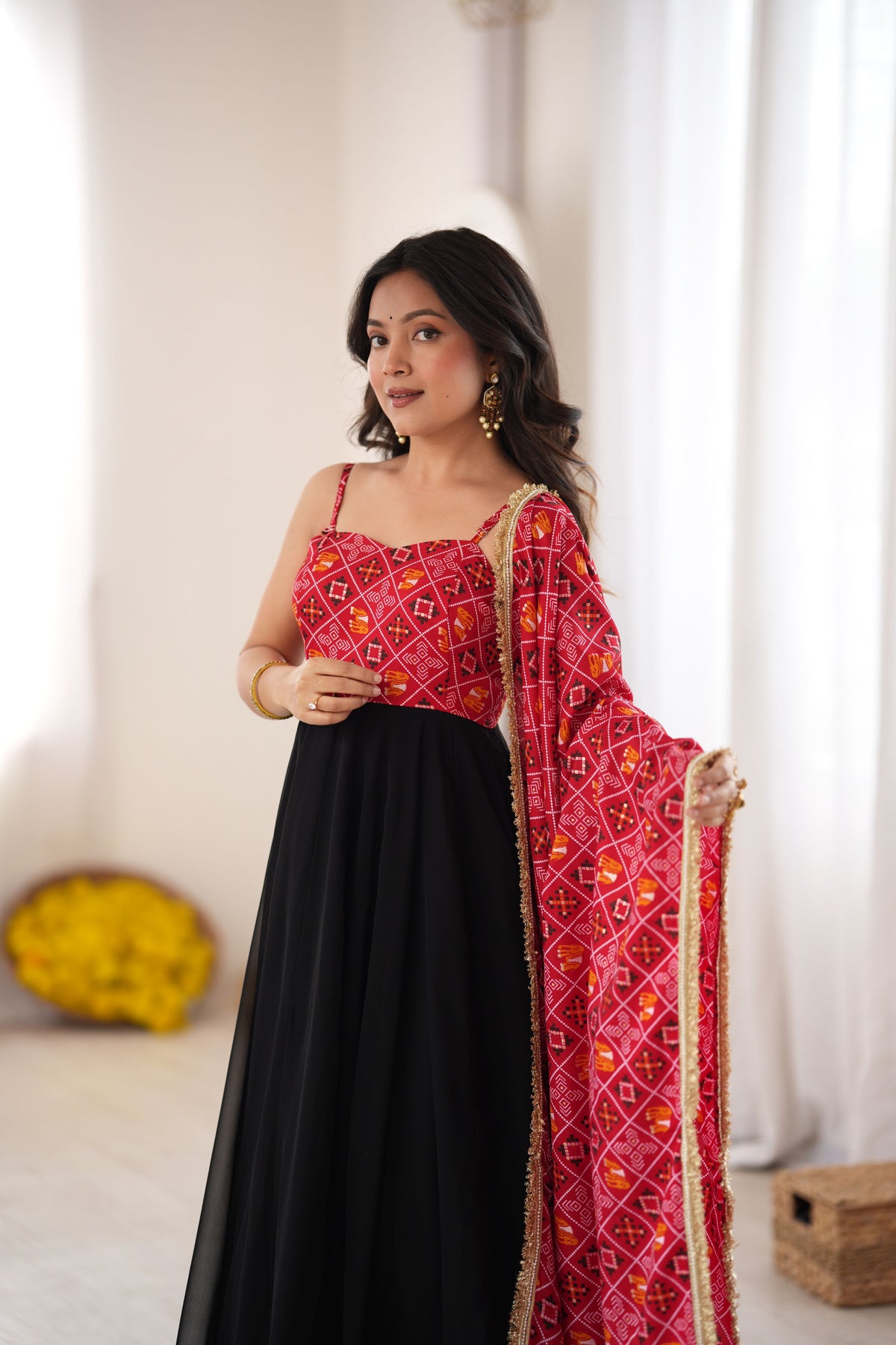 Red & Black Bandhani Anarkali Gown Set with Printed Dupatta
