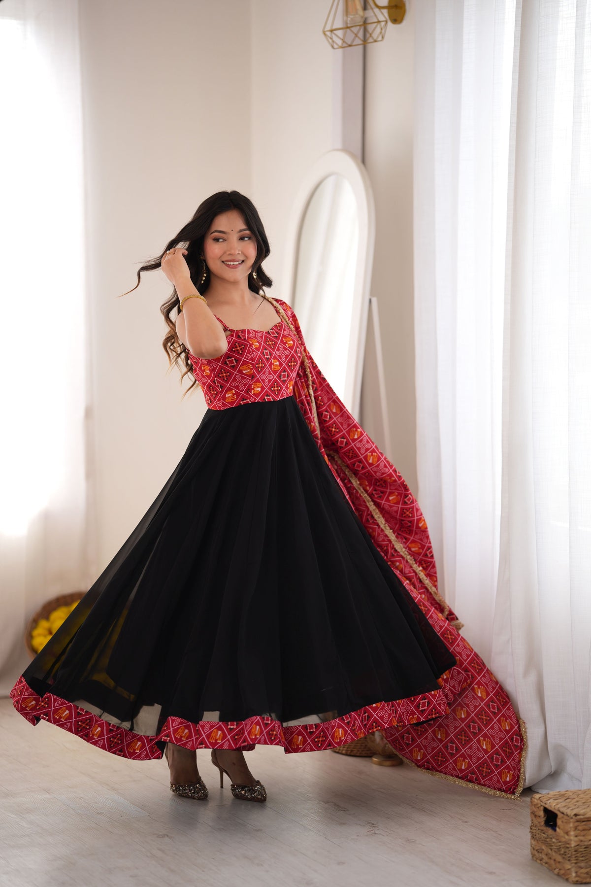 Red & Black Bandhani Anarkali Gown Set with Printed Dupatta