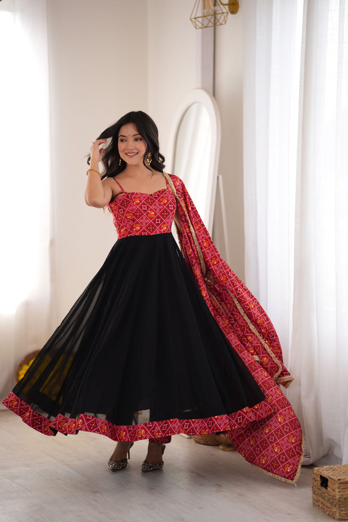 Red & Black Bandhani Anarkali Gown Set with Printed Dupatta
