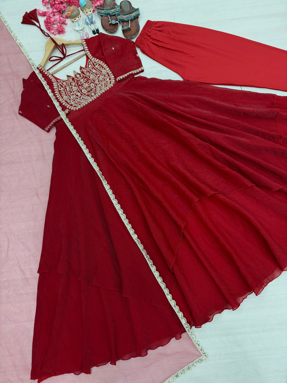 Wine Red Crush Silk Embroidered Anarkali Gown Set with Net Dupatta