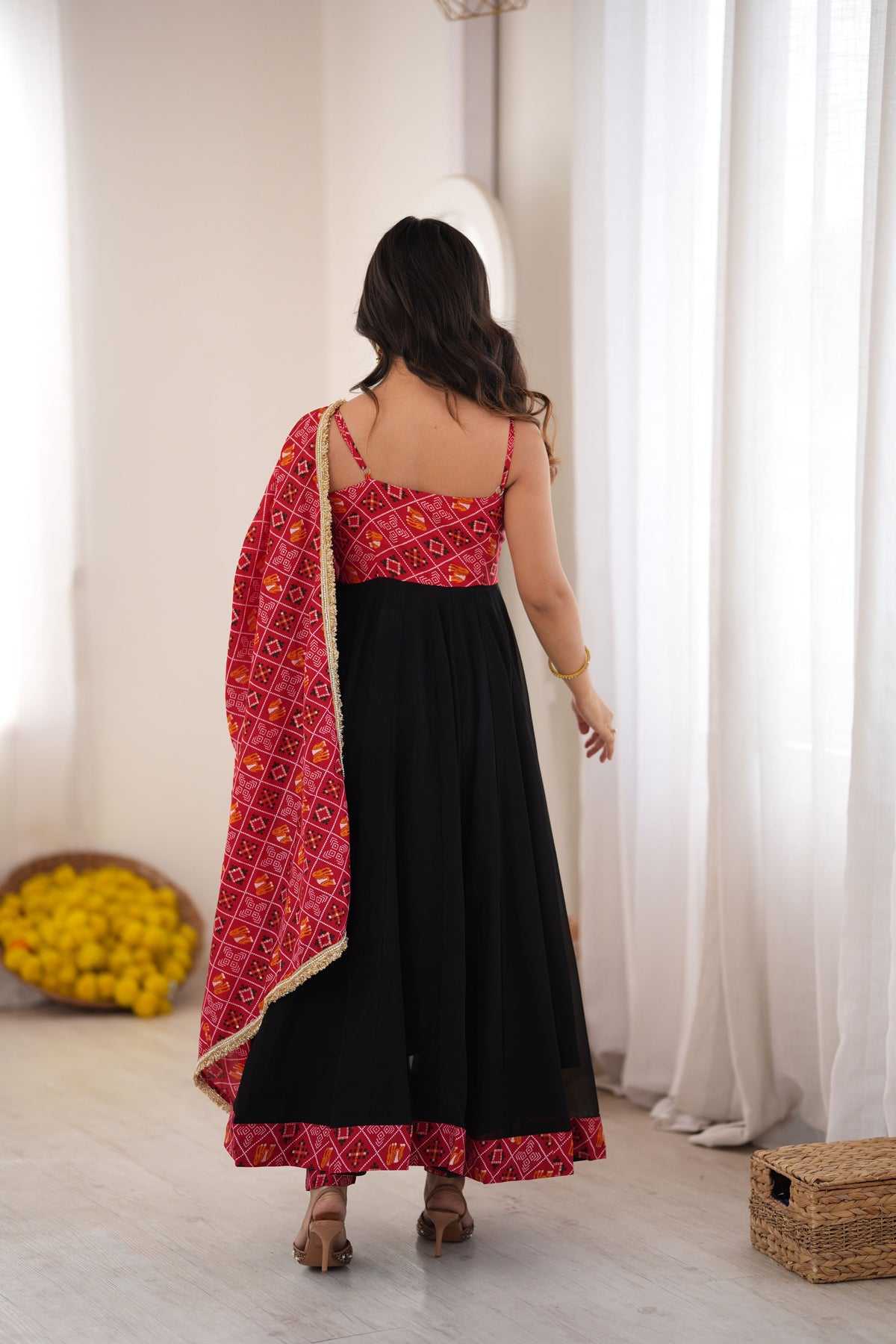 Red & Black Bandhani Anarkali Gown Set with Printed Dupatta