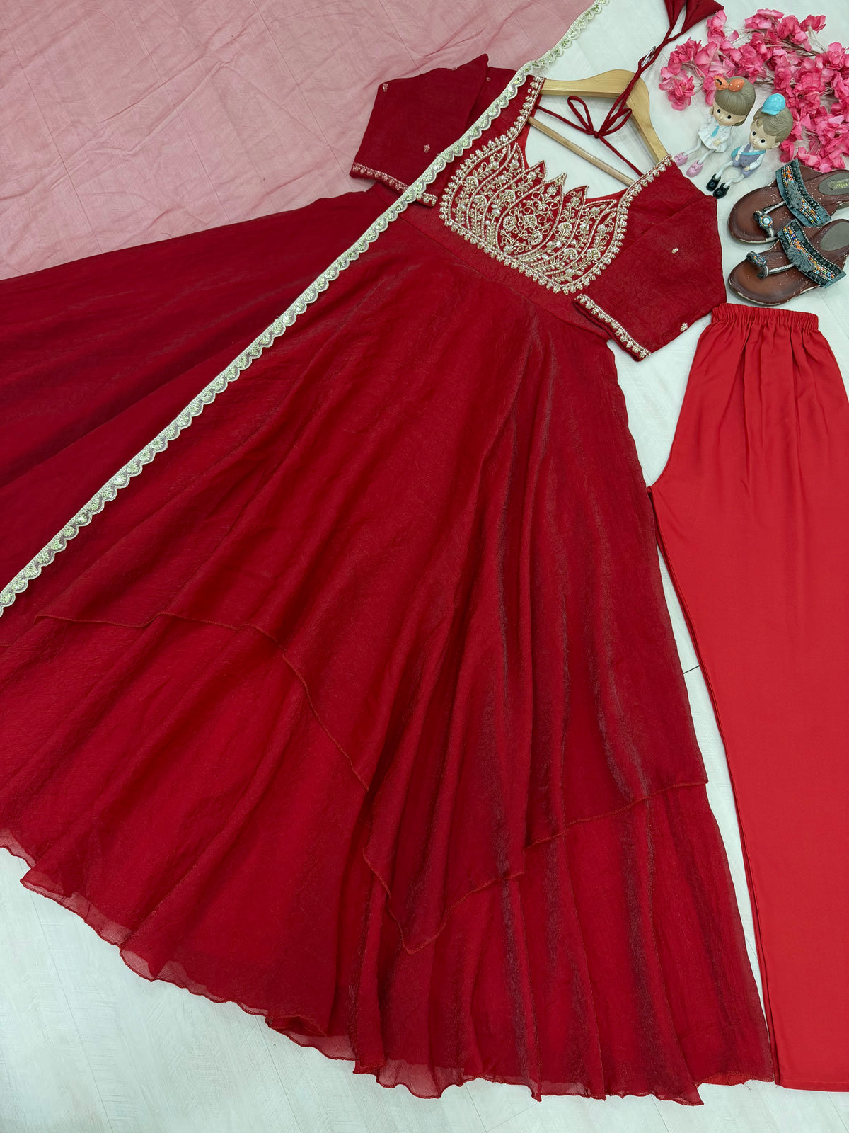 Wine Red Crush Silk Embroidered Anarkali Gown Set with Net Dupatta