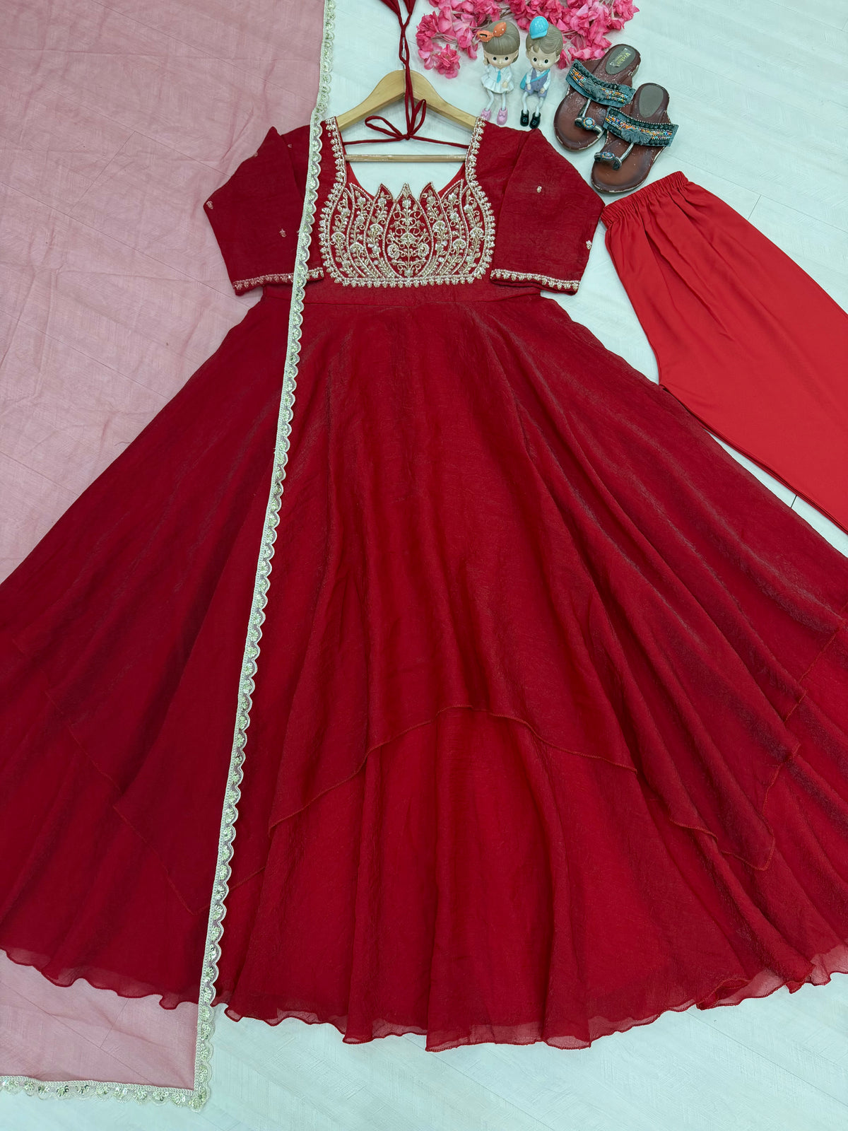 Wine Red Crush Silk Embroidered Anarkali Gown Set with Net Dupatta