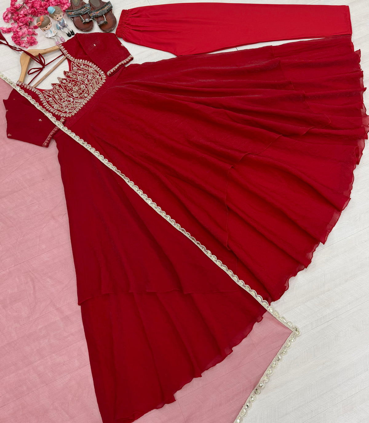 Wine Red Crush Silk Embroidered Anarkali Gown Set with Net Dupatta