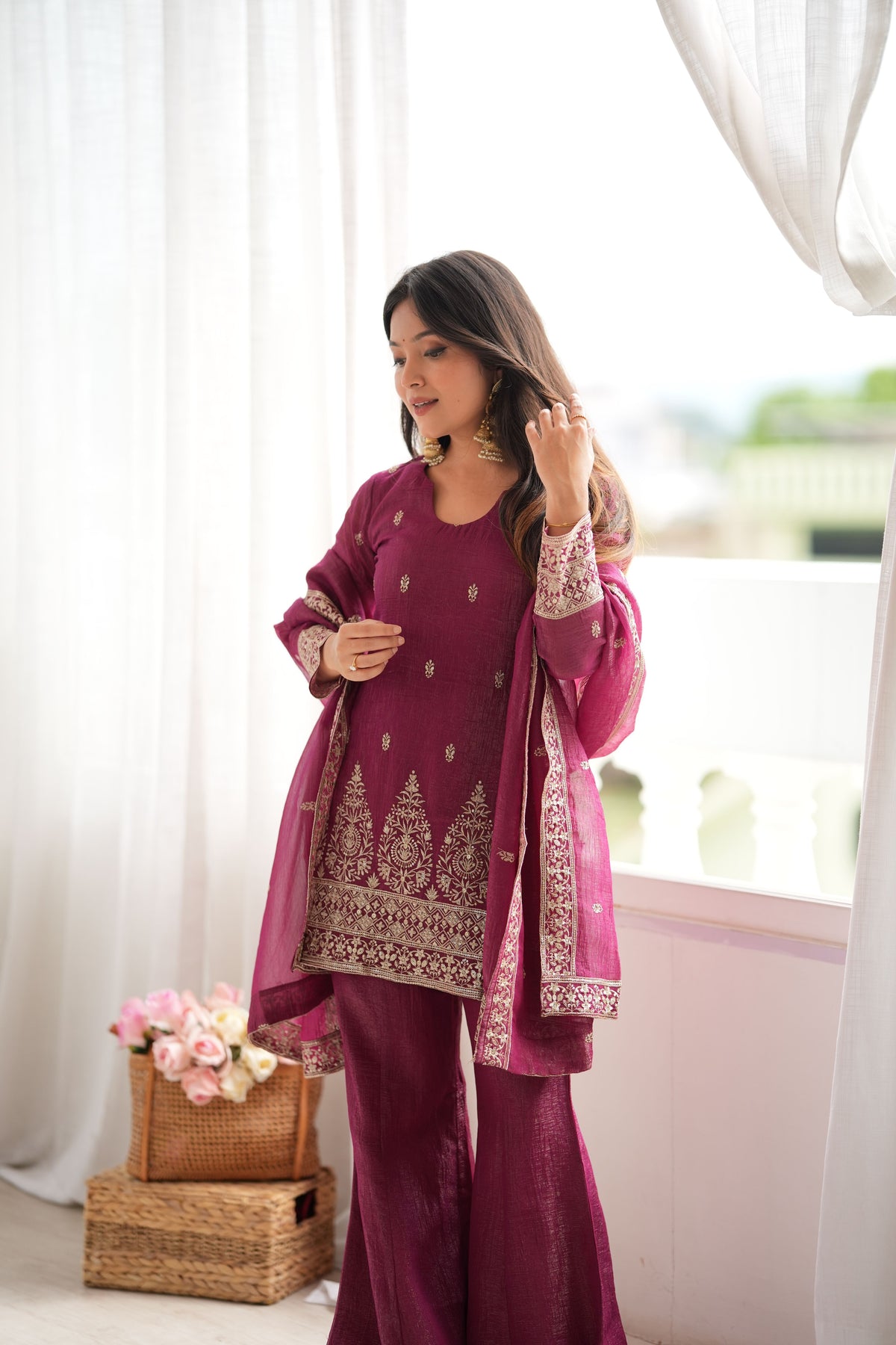 Wine Purple Crunchy Silk Embroidered Kurta Bell Bottom Pant Set with Dupatta
