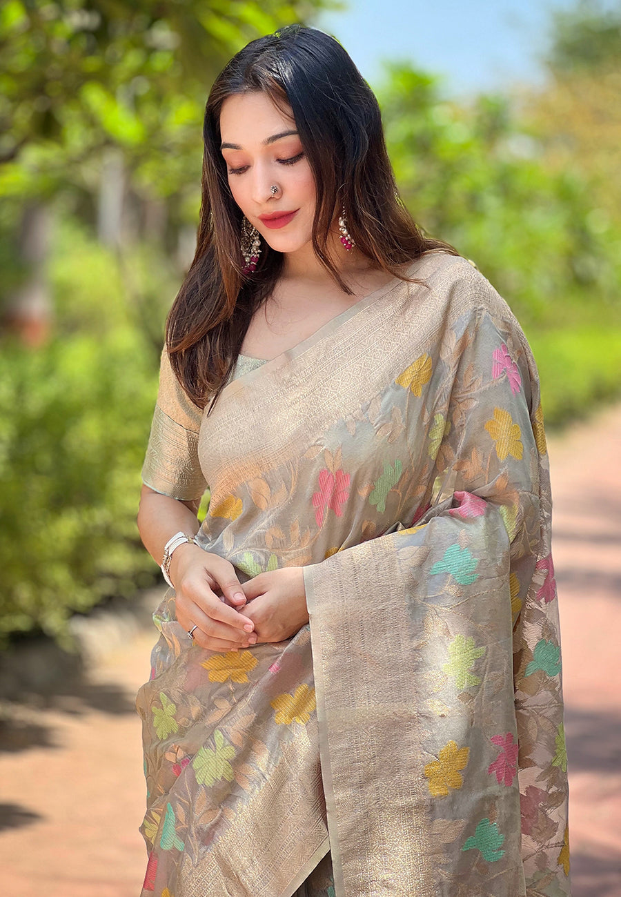 Gray Organza Floral Zari Woven Saree