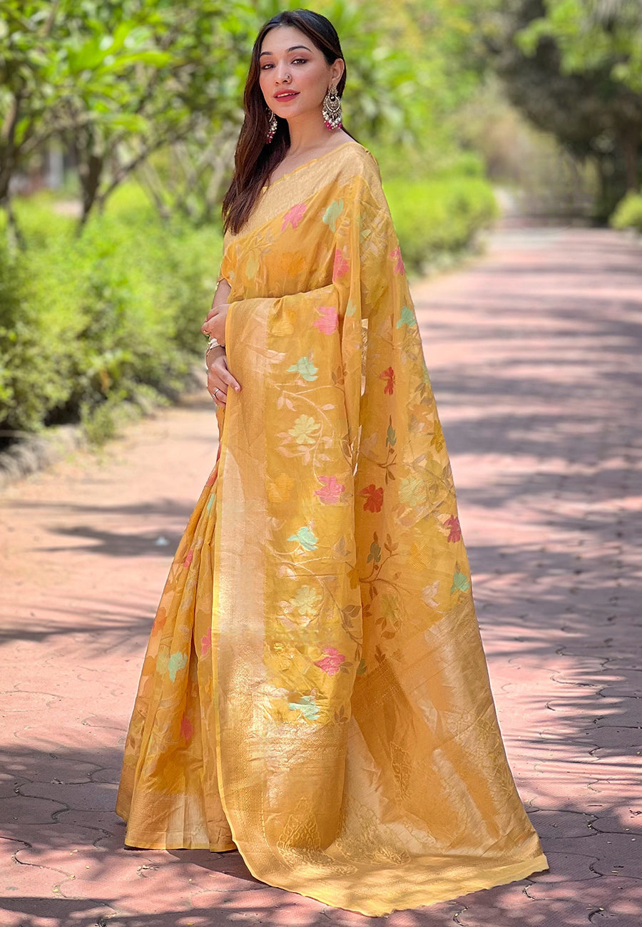 Golden Organza Floral Zari Woven Saree