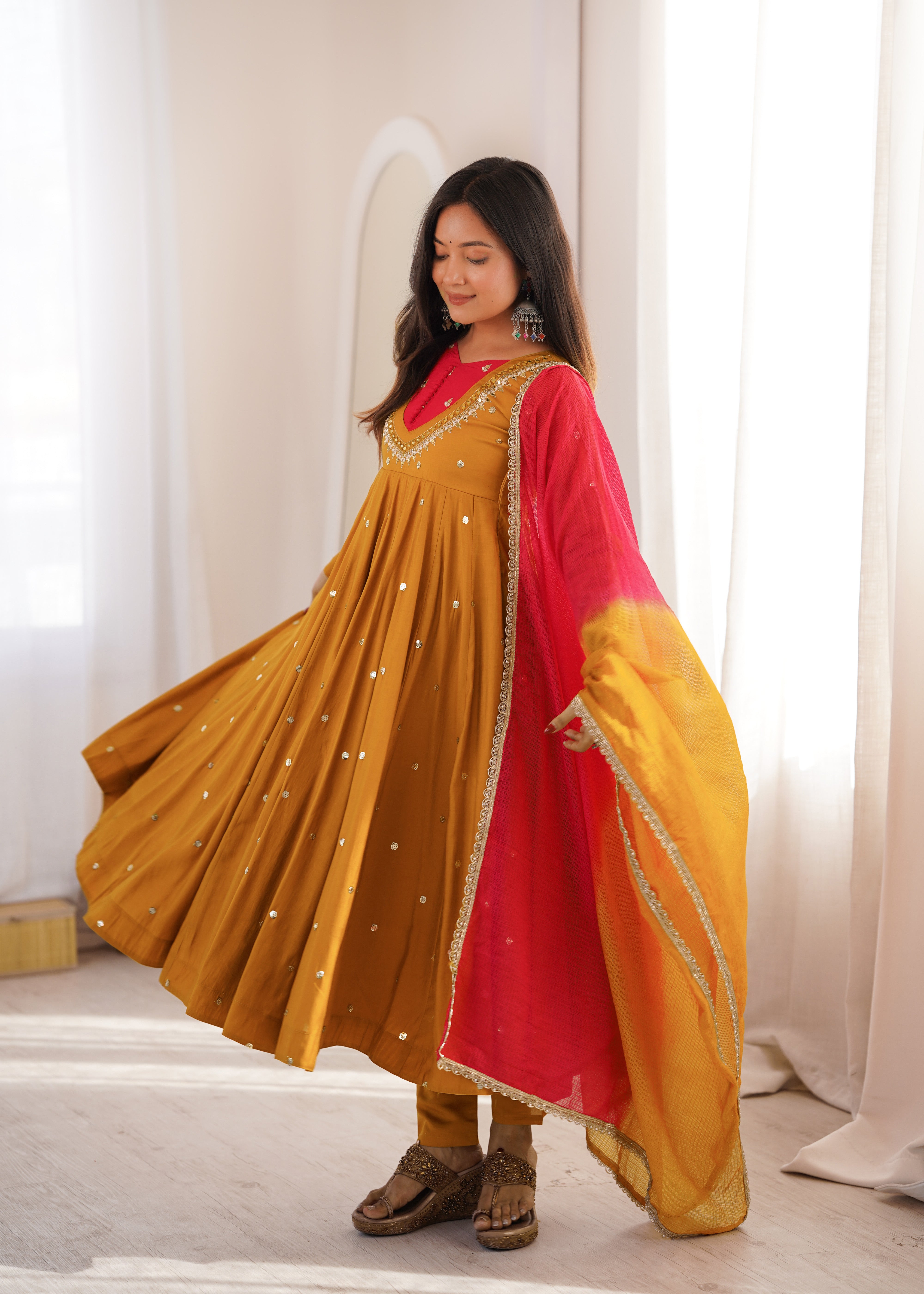 Mustard Yellow Roman Silk Anarkali Suit Set with Real Mirror Work & Pink Kota Dupatta | Ready to Wear