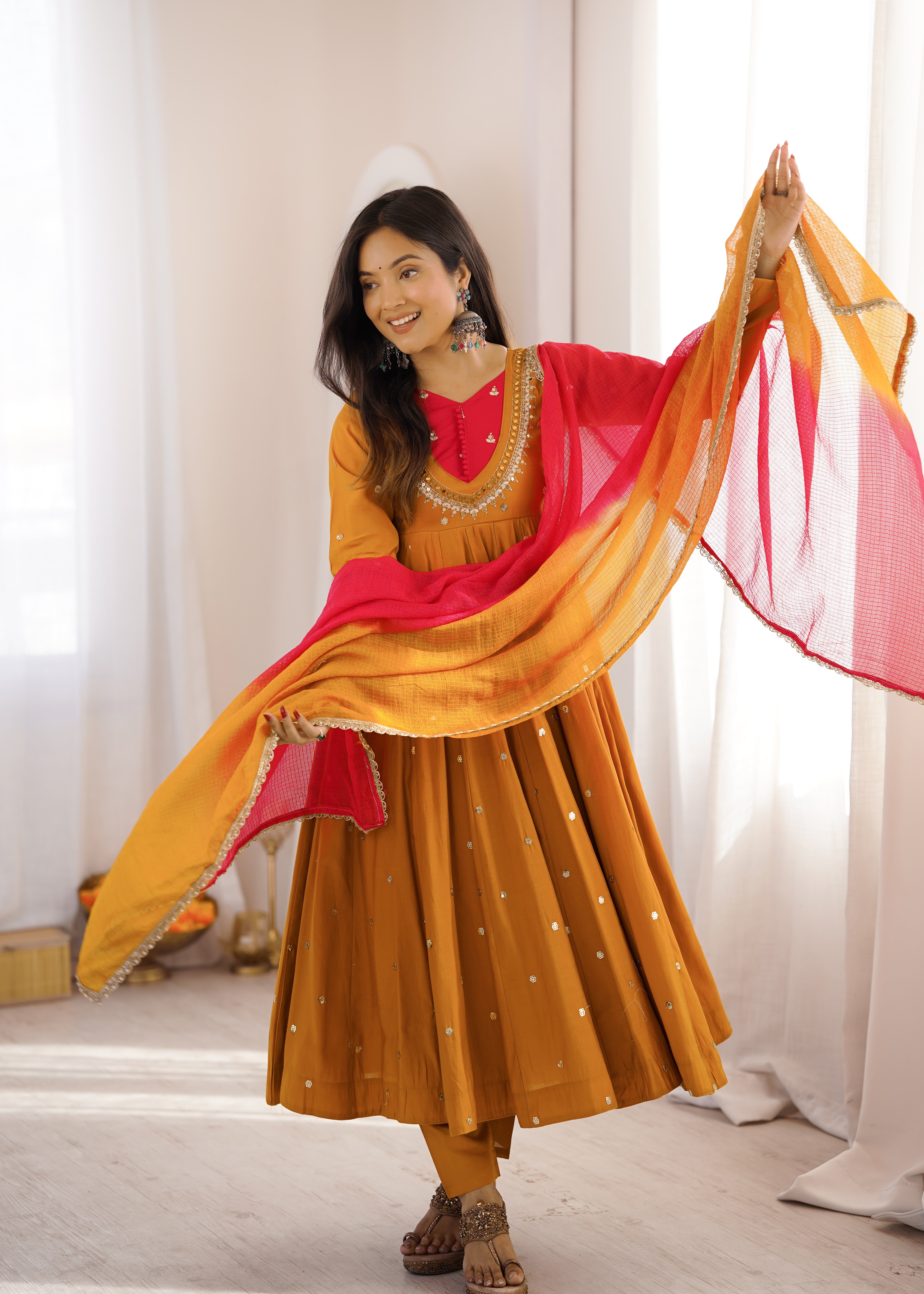 Mustard Yellow Roman Silk Anarkali Suit Set with Real Mirror Work & Pink Kota Dupatta | Ready to Wear