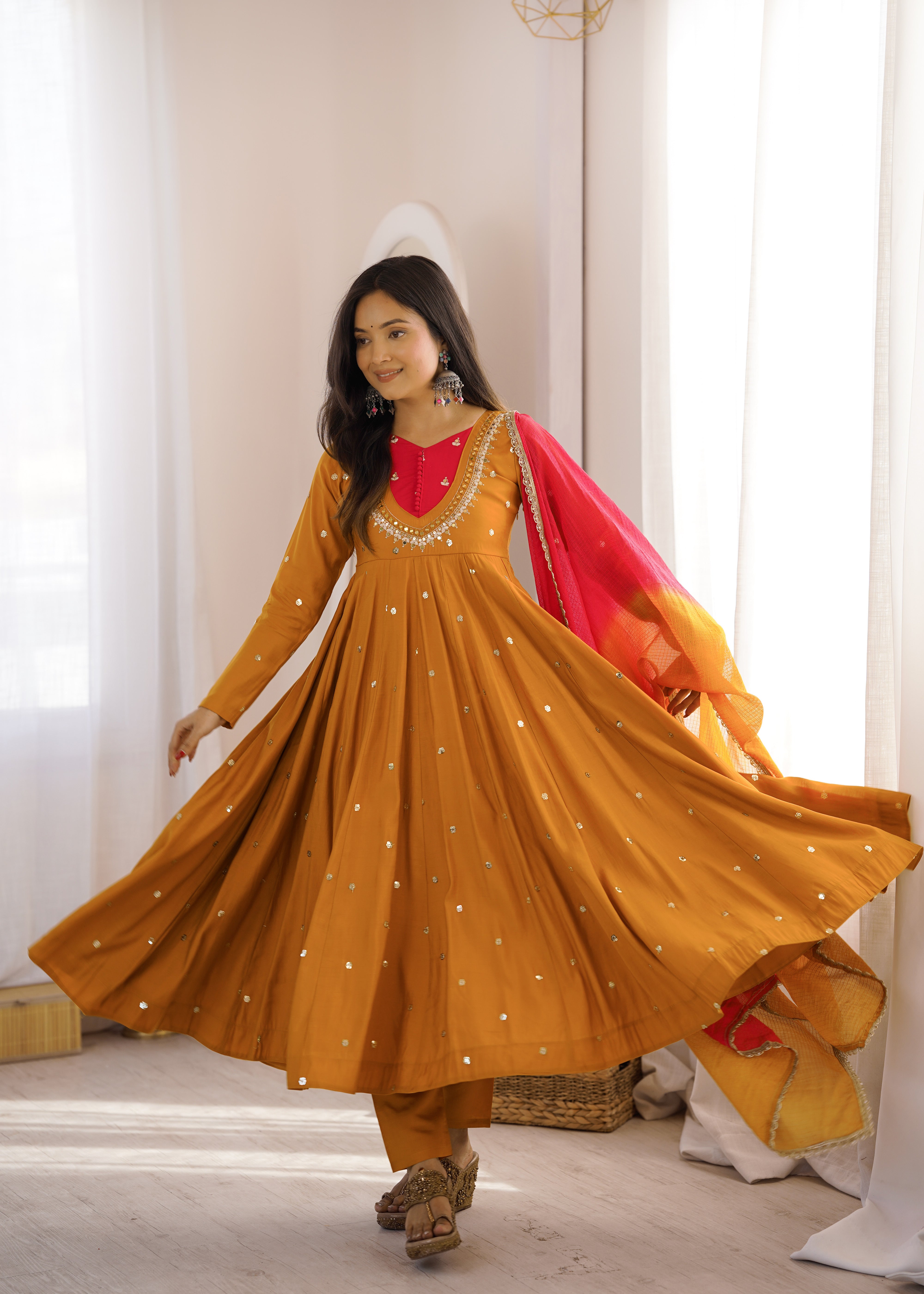Mustard Yellow Roman Silk Anarkali Suit Set with Real Mirror Work & Pink Kota Dupatta | Ready to Wear