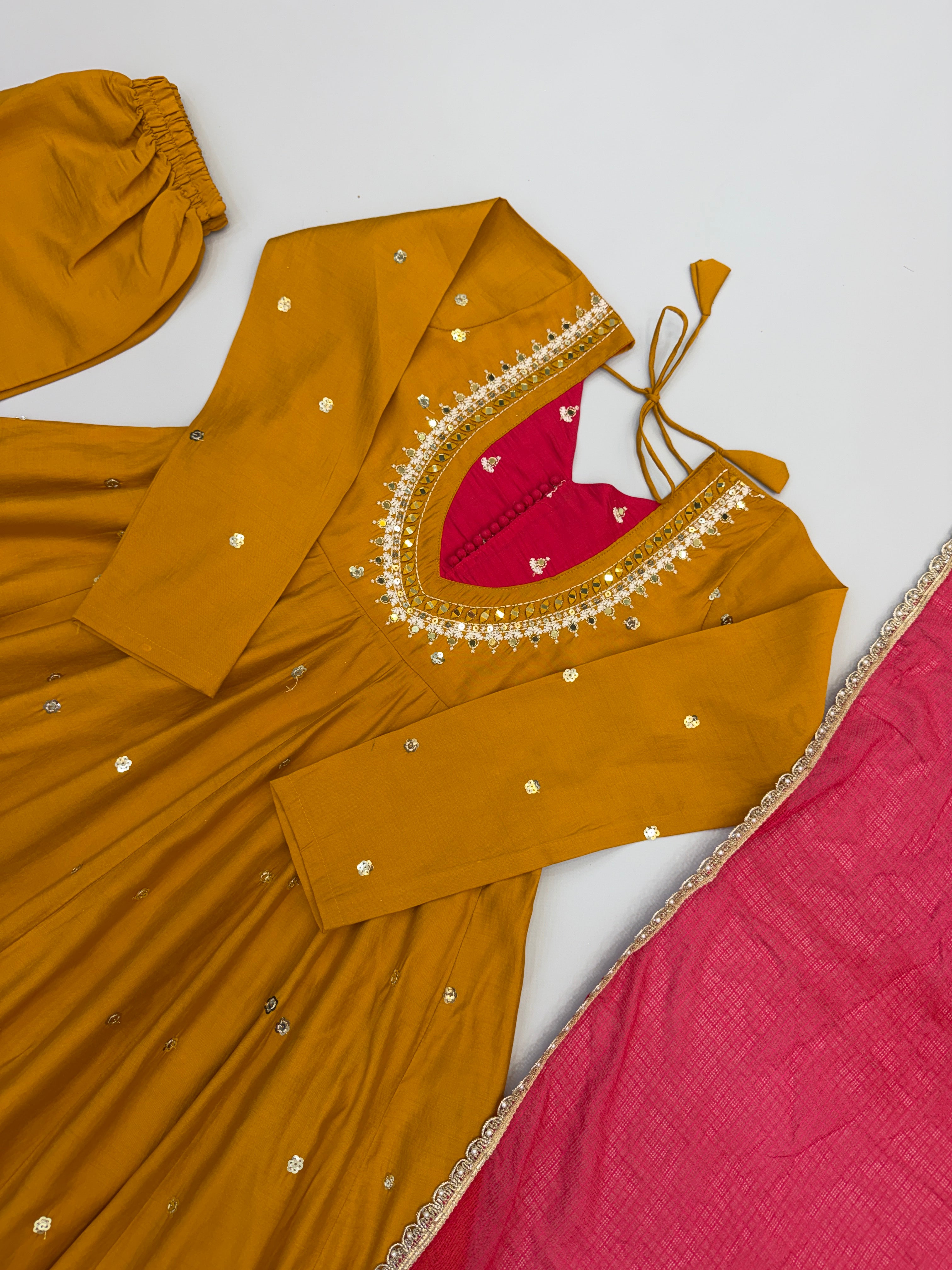 Mustard Yellow Roman Silk Anarkali Suit Set with Real Mirror Work & Pink Kota Dupatta | Ready to Wear