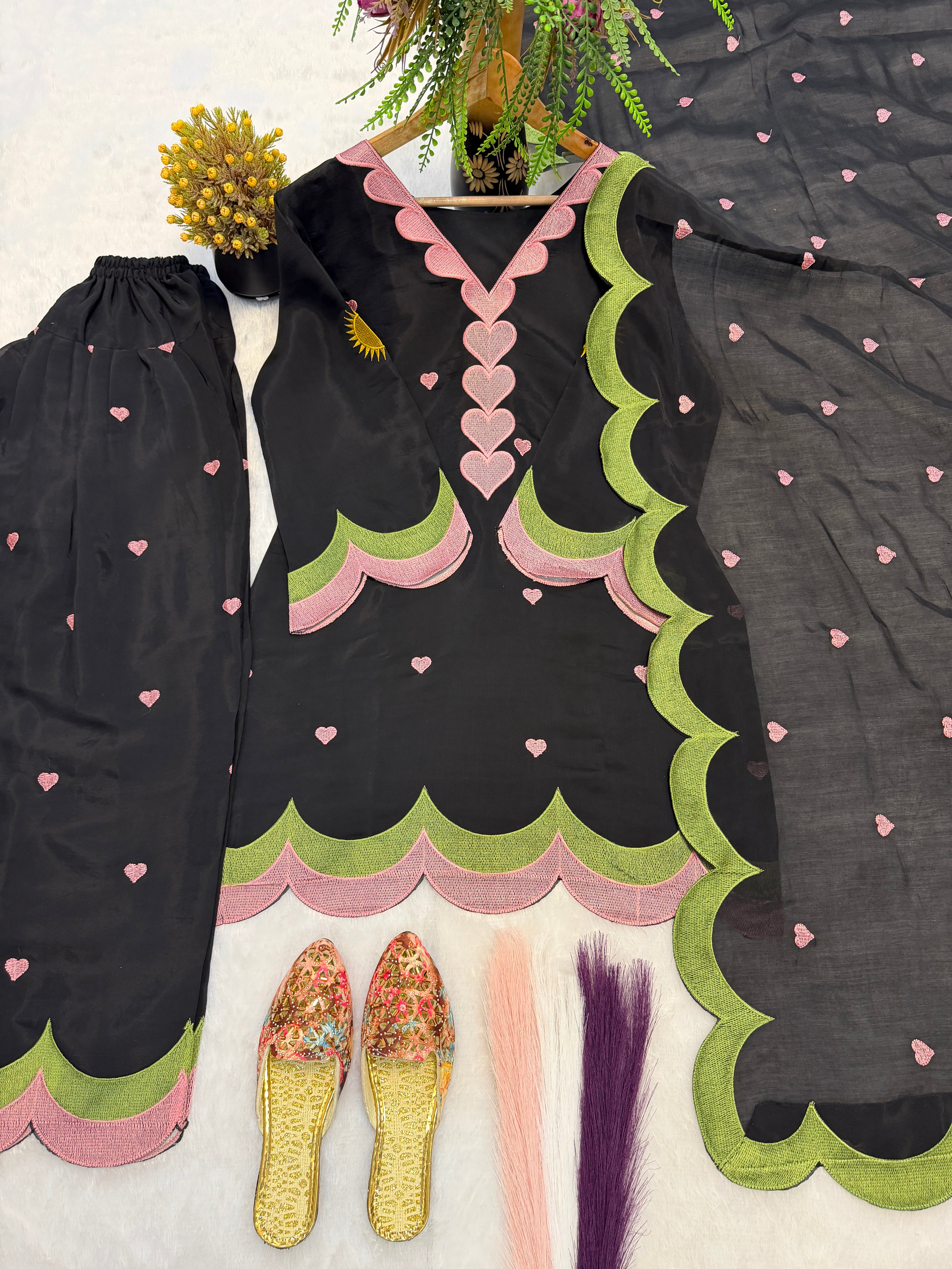 Black Mal Chanderi Cotton Embroidered Farshi Salwar Suit Set