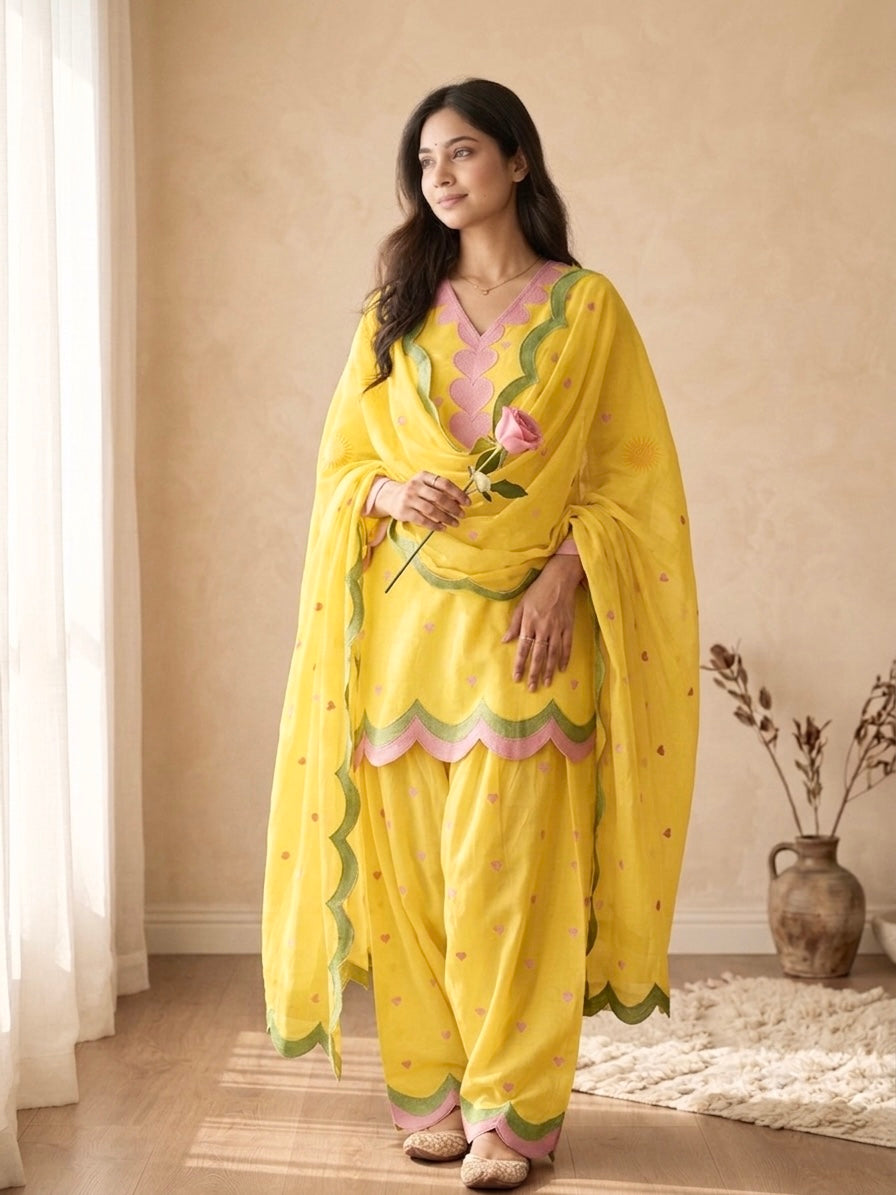 Sunshine Yellow Mal Chanderi Cotton Embroidered Farshi Salwar Suit Set