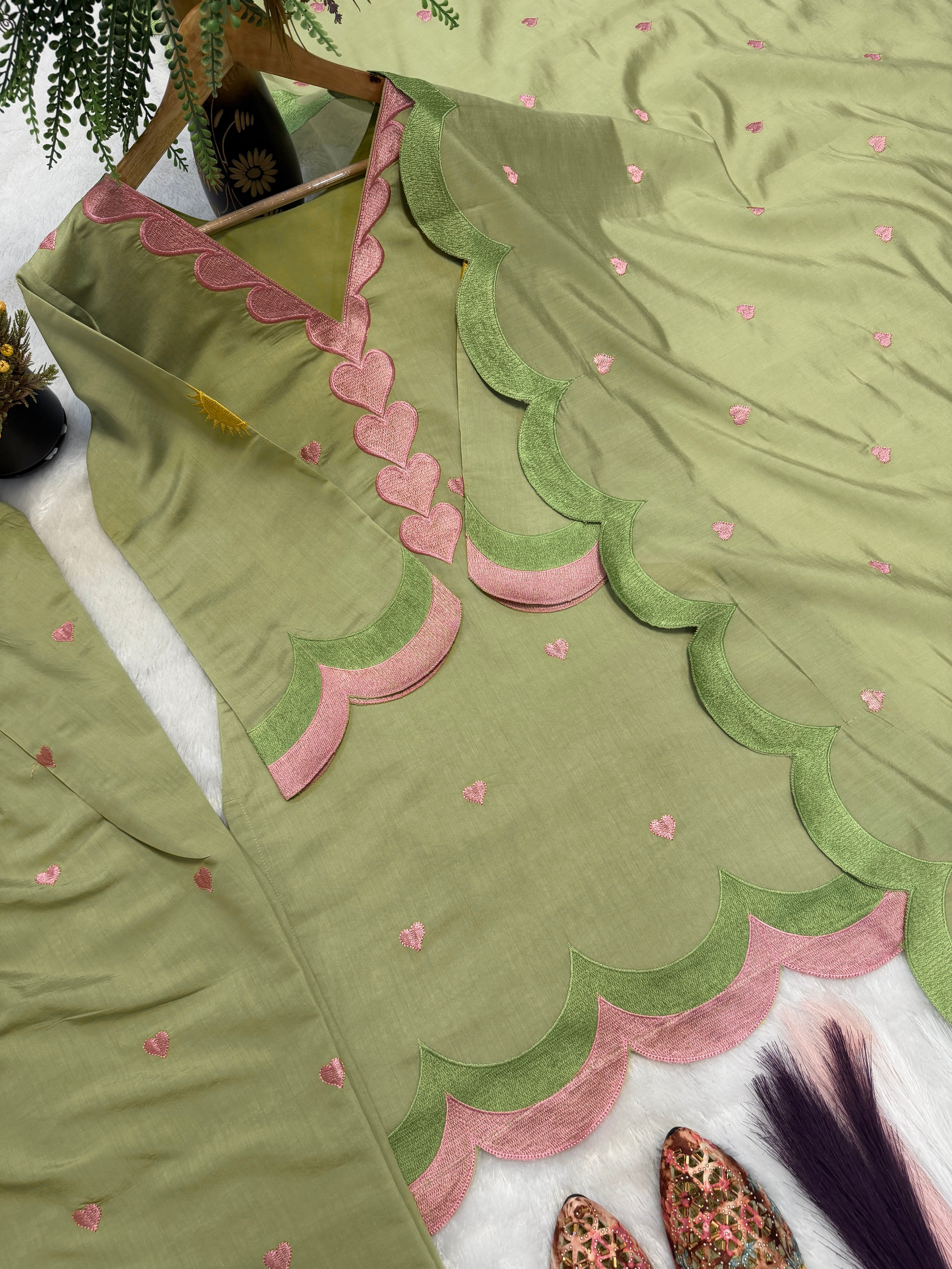 Olive Green Mal Chanderi Cotton Embroidered Farshi Salwar Suit Set