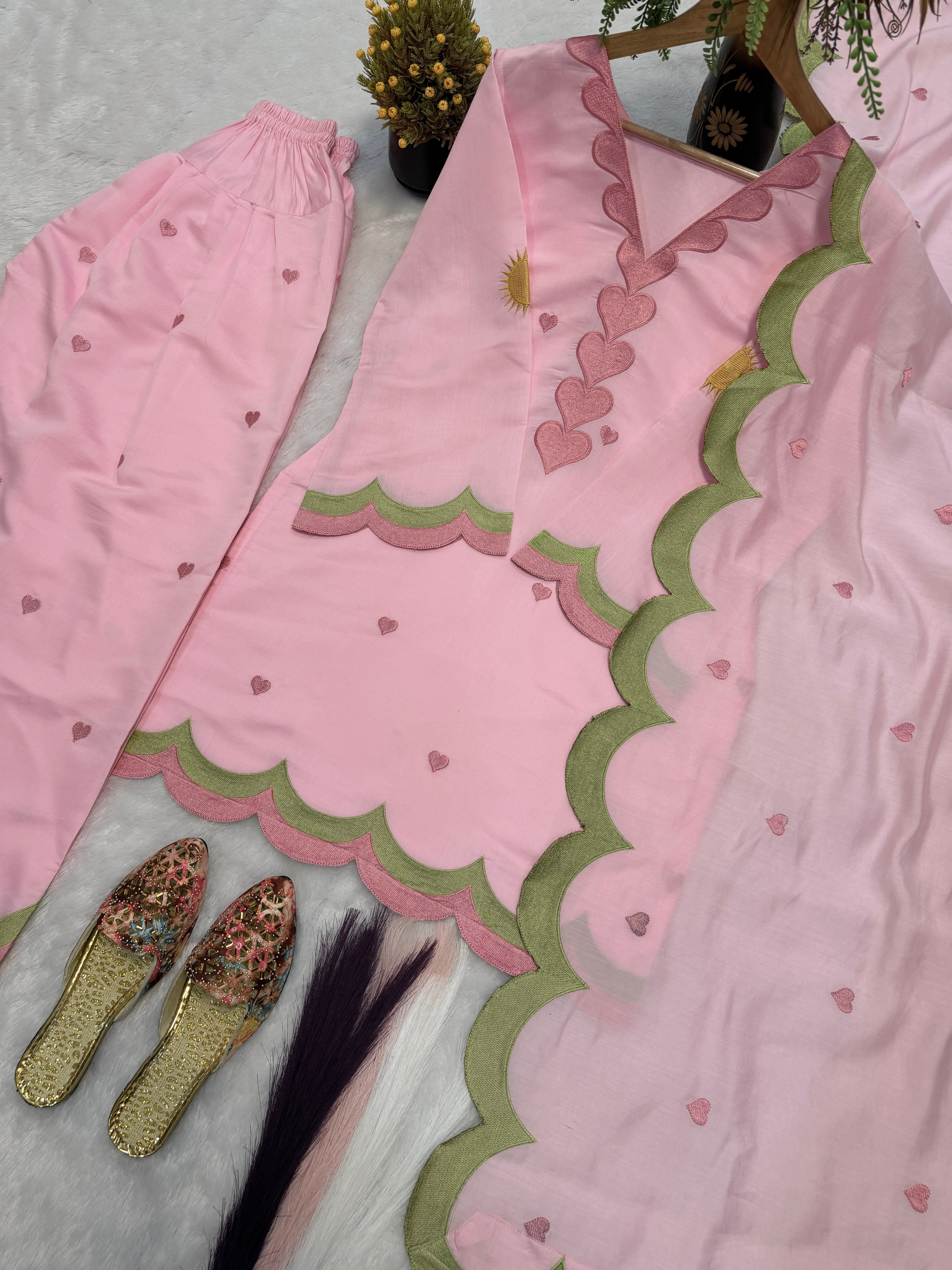 Blush Pink Mal Chanderi Cotton Embroidered Farshi Salwar Suit Set
