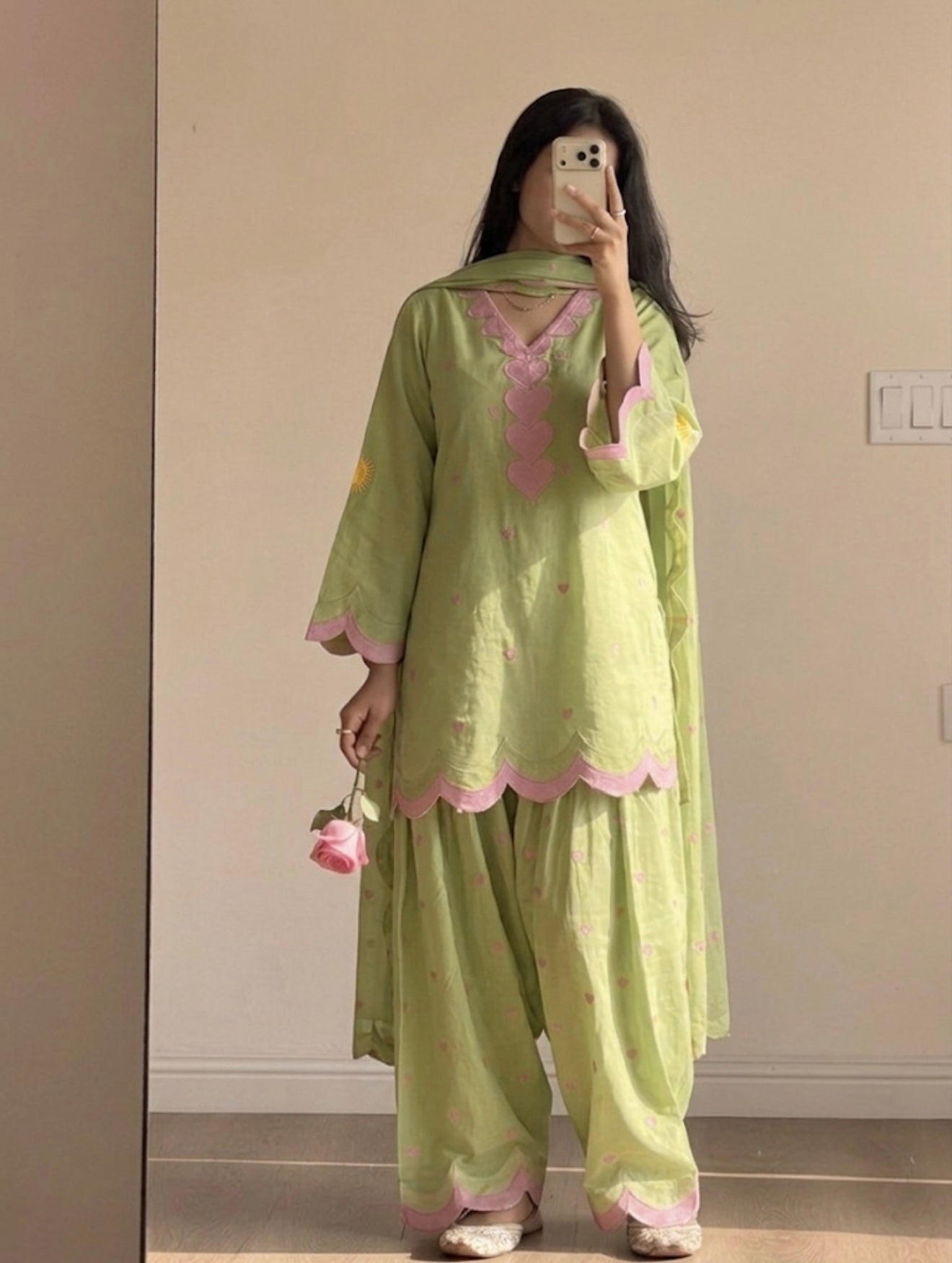 Olive Green Mal Chanderi Cotton Embroidered Farshi Salwar Suit Set