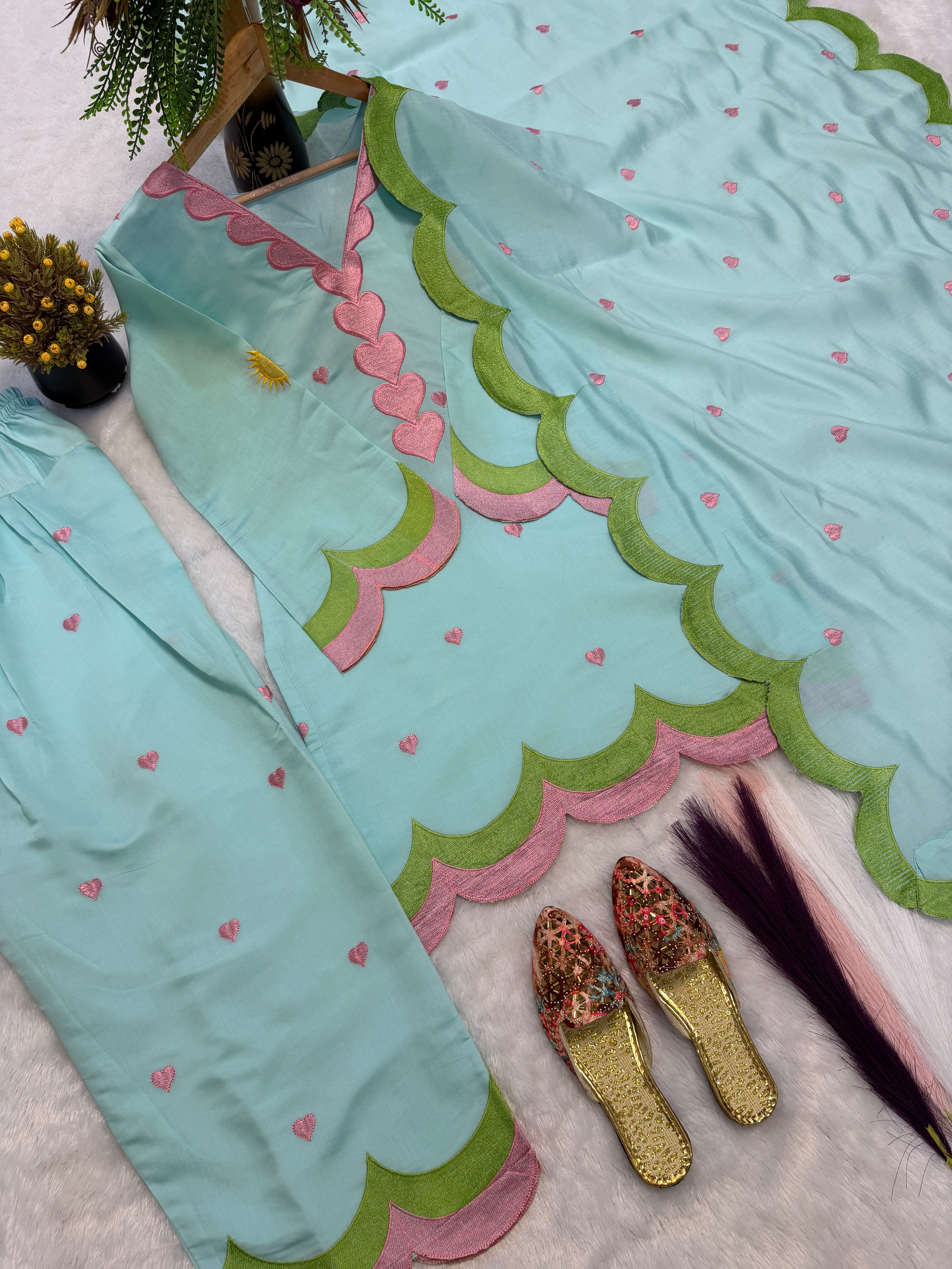 Aqua Blue & Pink Mal Chanderi Cotton Embroidered Farshi Salwar Suit Set