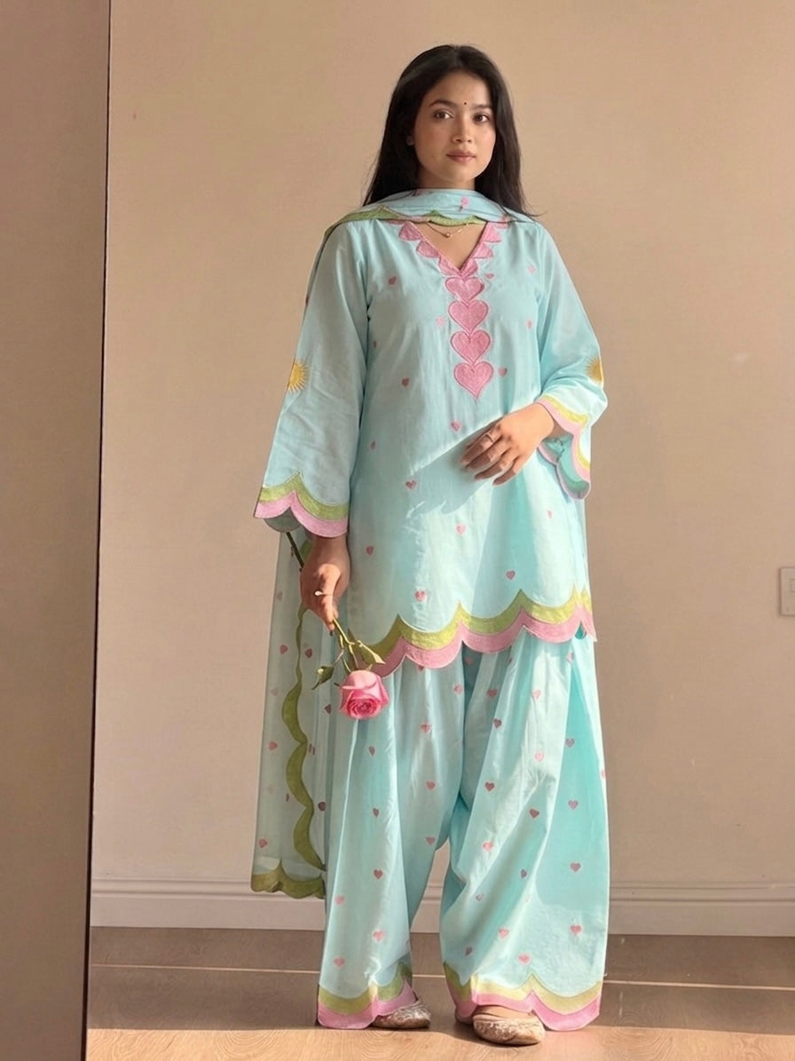Aqua Blue & Pink Mal Chanderi Cotton Embroidered Farshi Salwar Suit Set