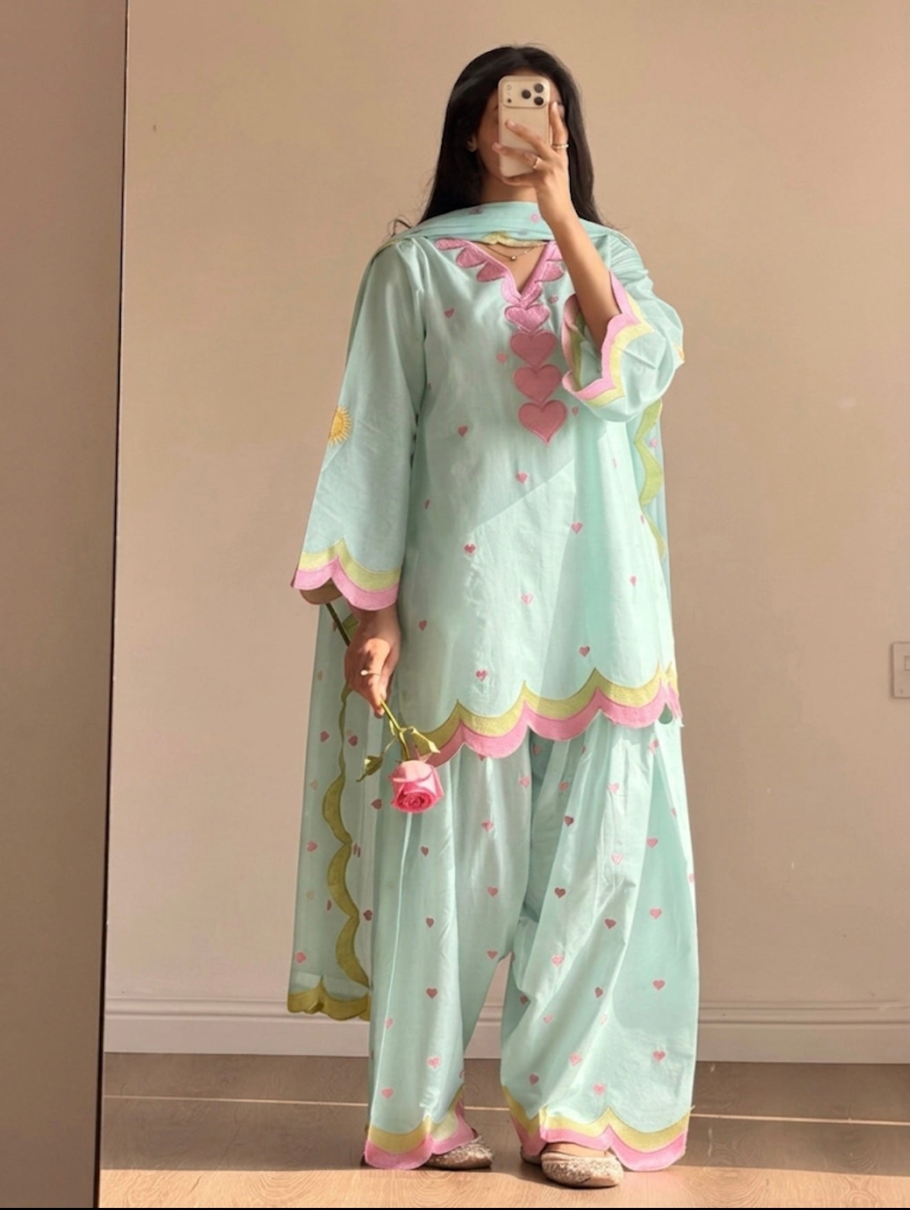 Aqua Blue & Pink Mal Chanderi Cotton Embroidered Farshi Salwar Suit Set