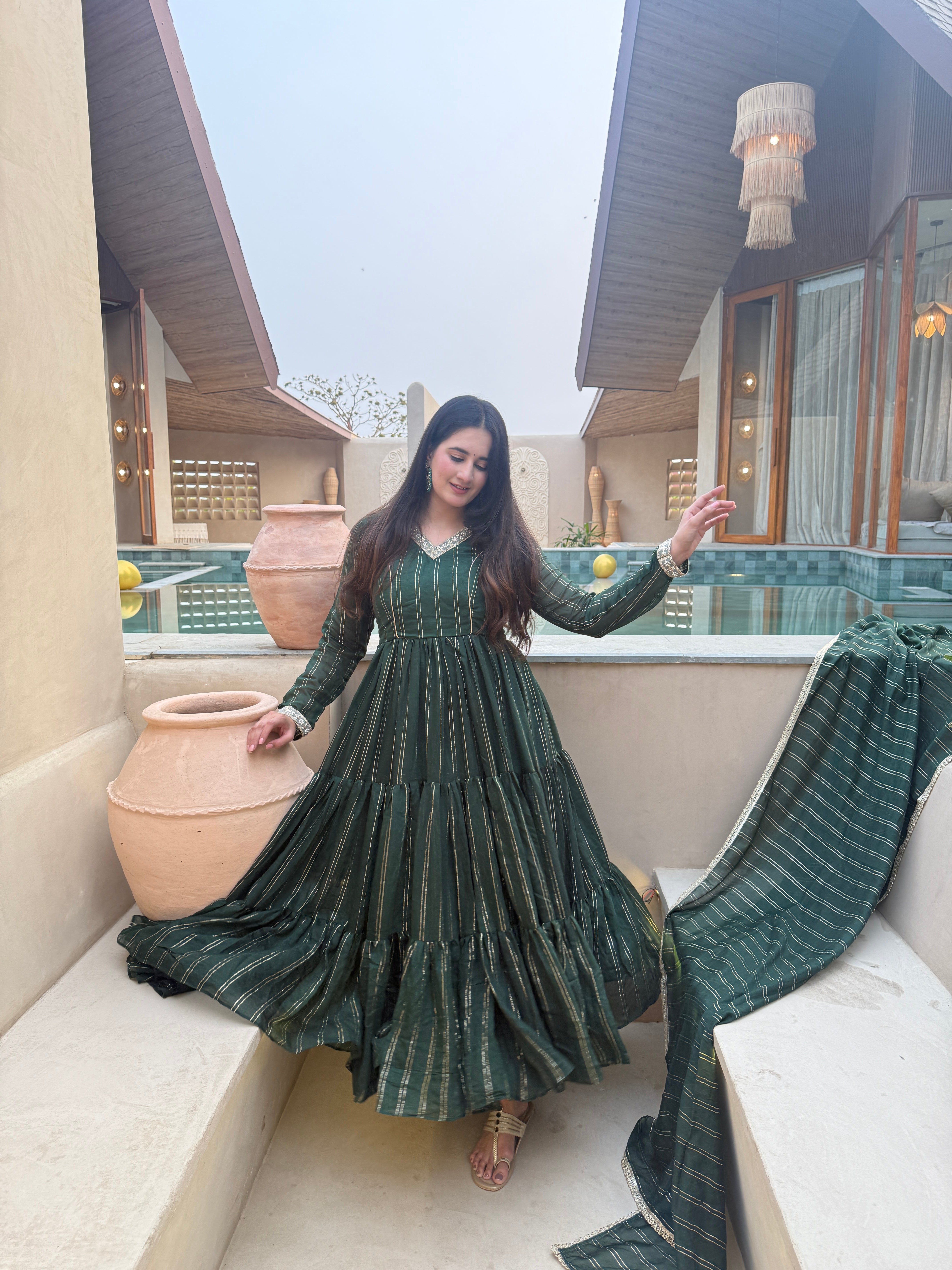 Emerald Green Heavy Brocade Designer Anarkali Suit Set with Dupatta & Pant