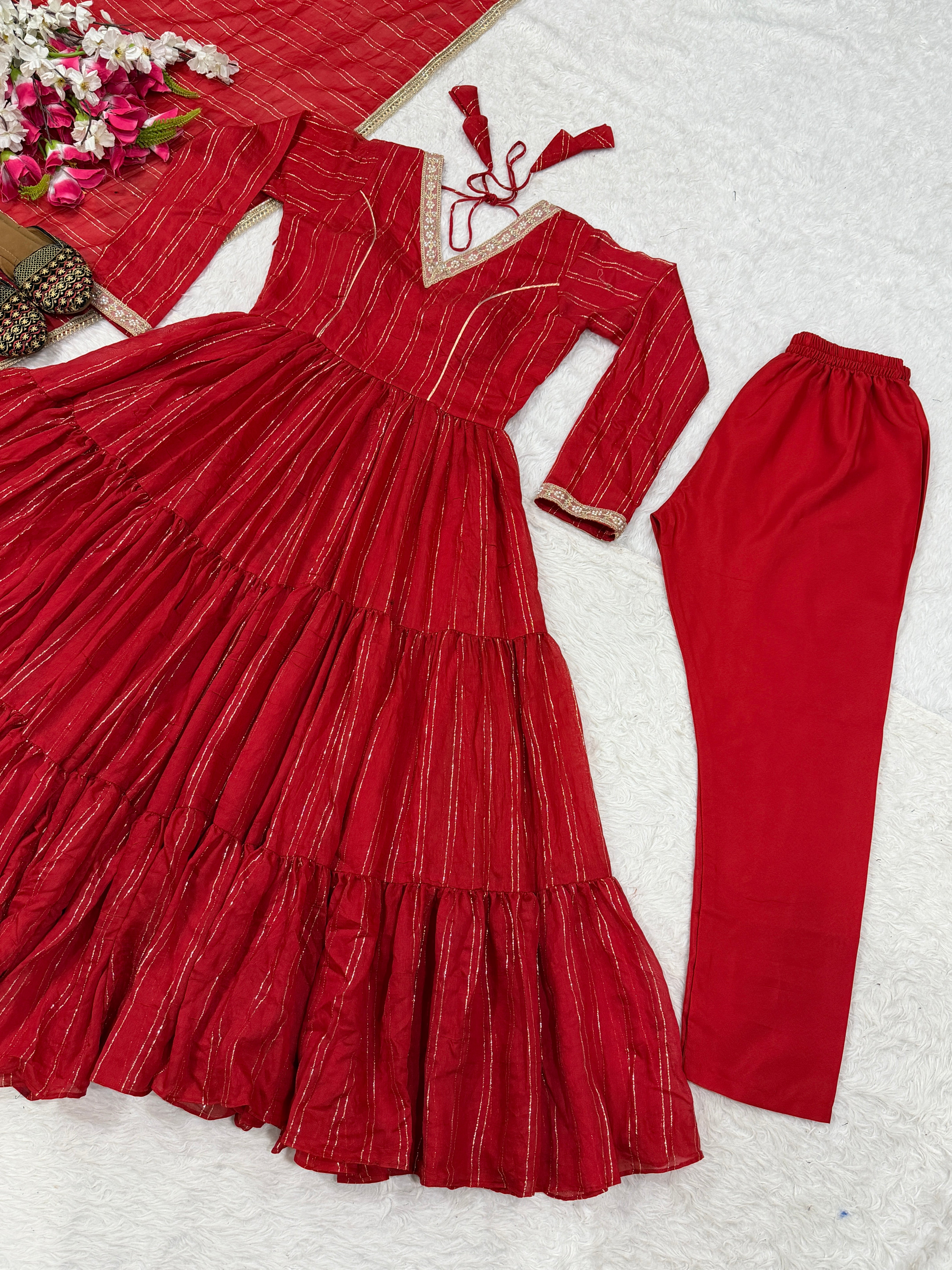 Ruby Red Heavy Brocade Designer Anarkali Suit Set with Matching Brocade Dupatta | Ready to Wear