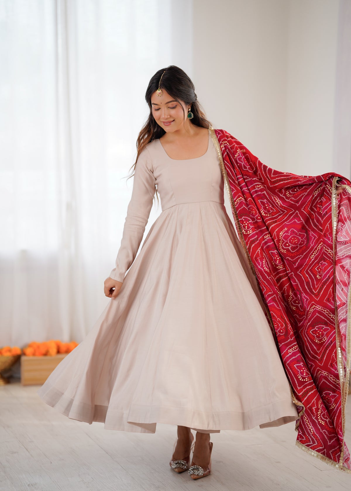 Wine Red Roman Cotton Embroidered Anarkali Gown Set with Dupatta & Pant