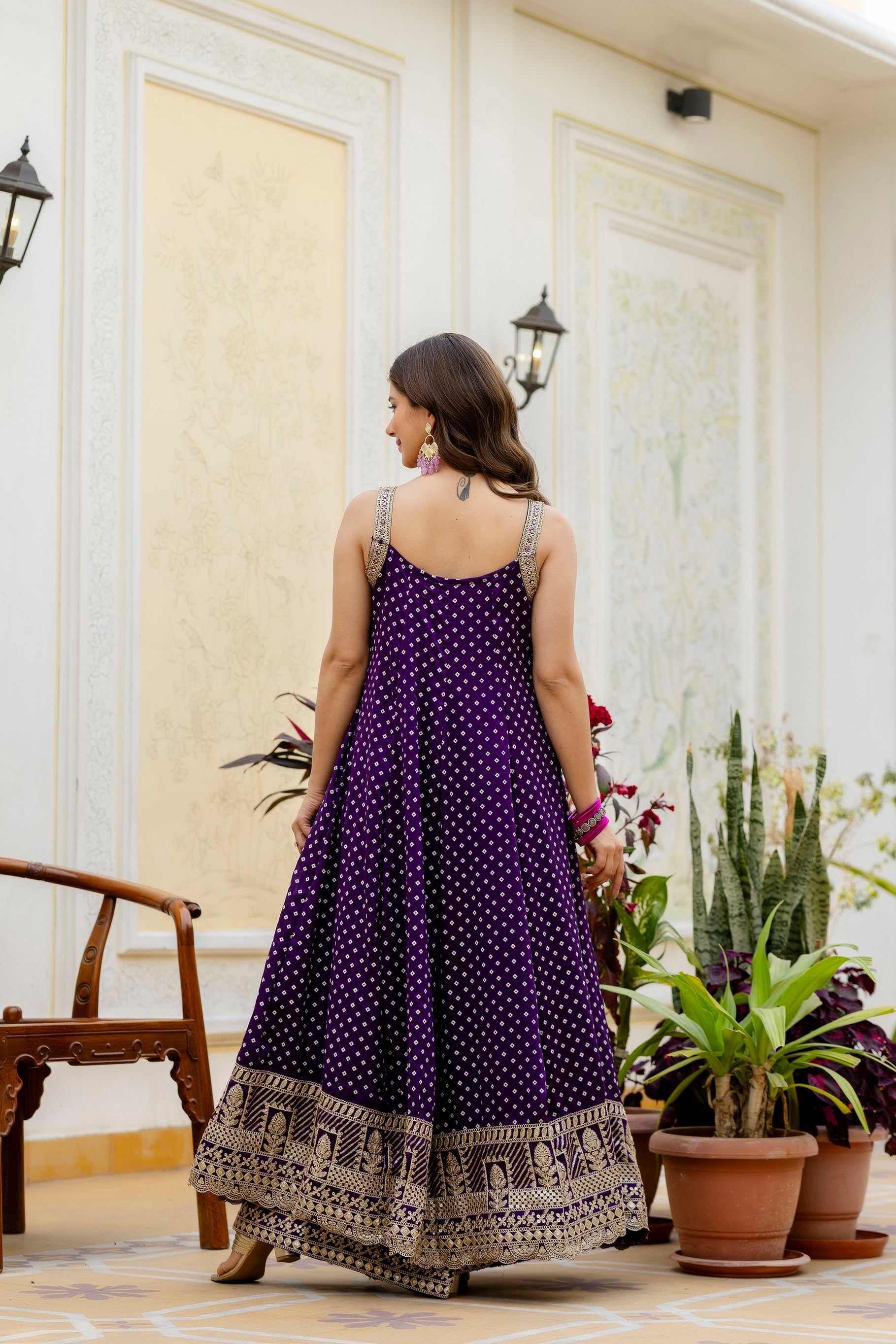Royal Purple Bandhani Vichitra Silk Embroidered Gown Set with Real Mirror Work & Leheriya Dupatta