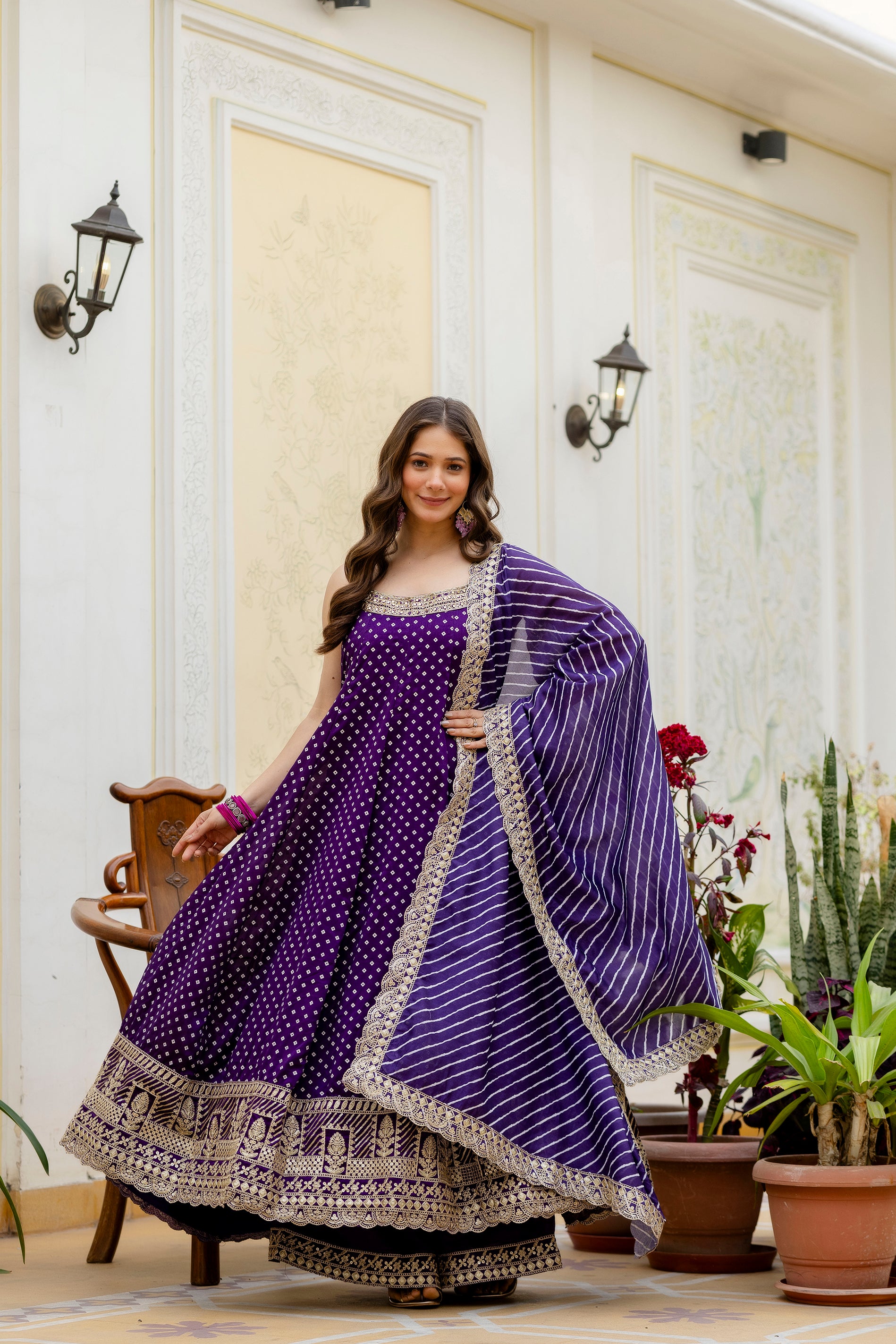Royal Purple Bandhani Vichitra Silk Embroidered Gown Set with Real Mirror Work & Leheriya Dupatta