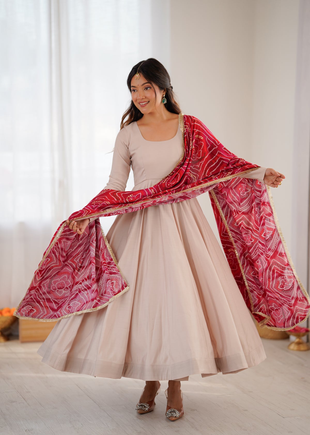 Wine Red Roman Cotton Embroidered Anarkali Gown Set with Dupatta & Pant