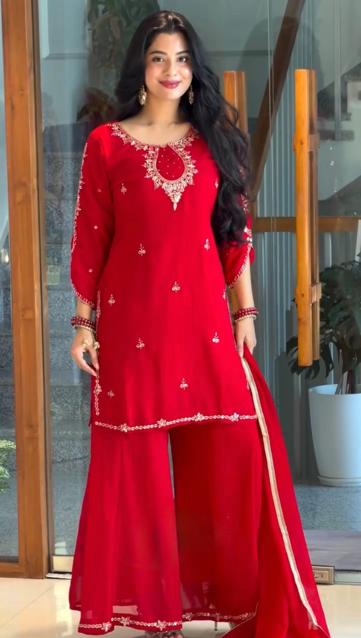 Red Faux Georgette Embroidered Palazzo Suit Set with Stone Work & Dupatta