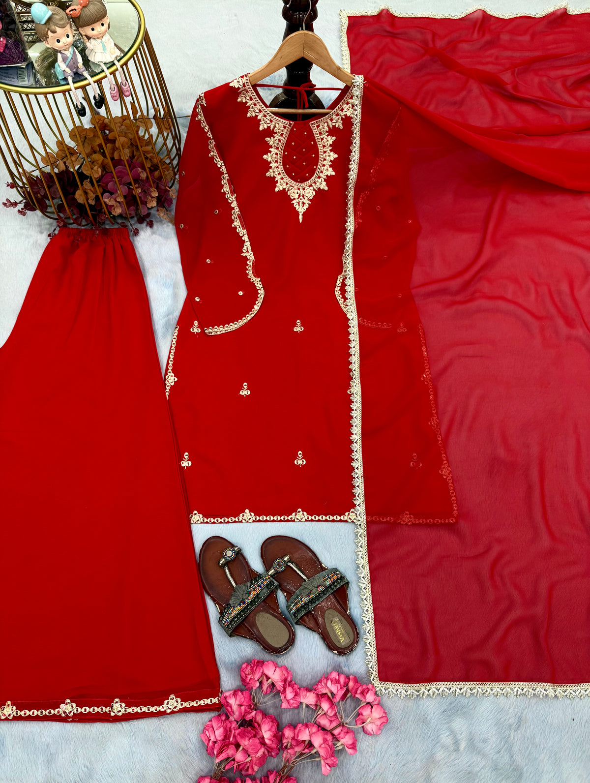 Red Faux Georgette Embroidered Palazzo Suit Set with Stone Work & Dupatta