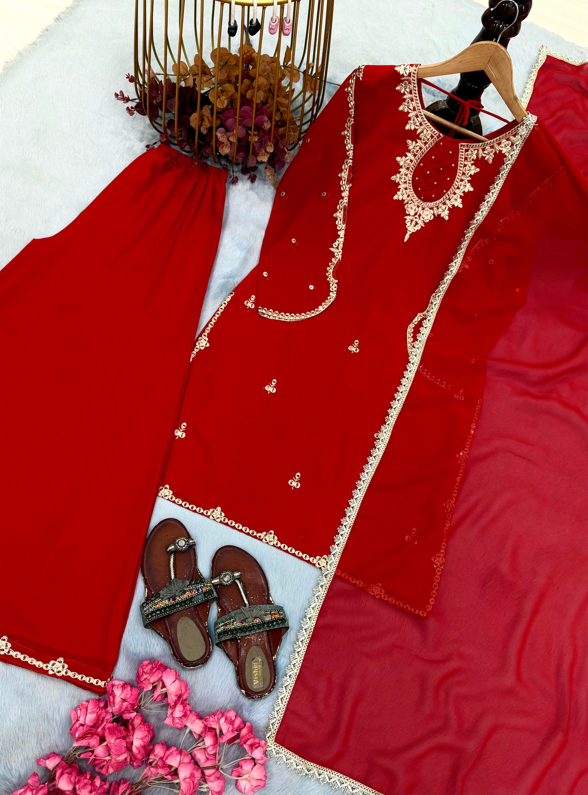 Red Faux Georgette Embroidered Palazzo Suit Set with Stone Work & Dupatta