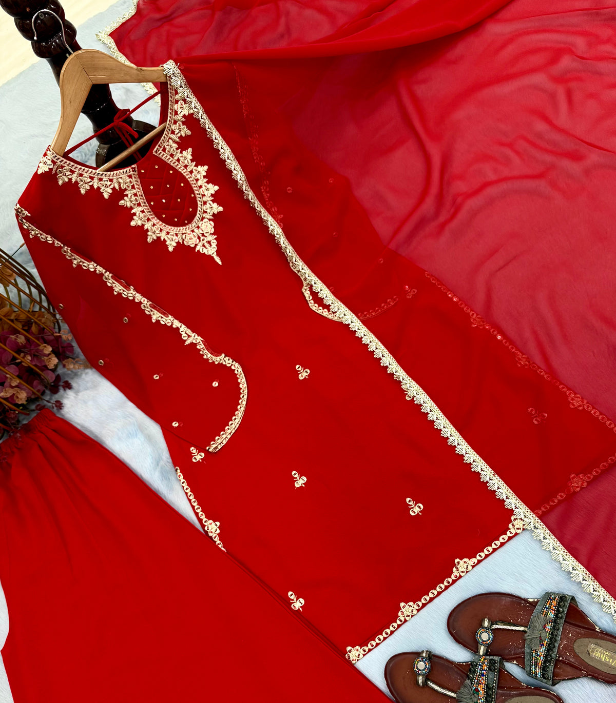 Red Faux Georgette Embroidered Palazzo Suit Set with Stone Work & Dupatta