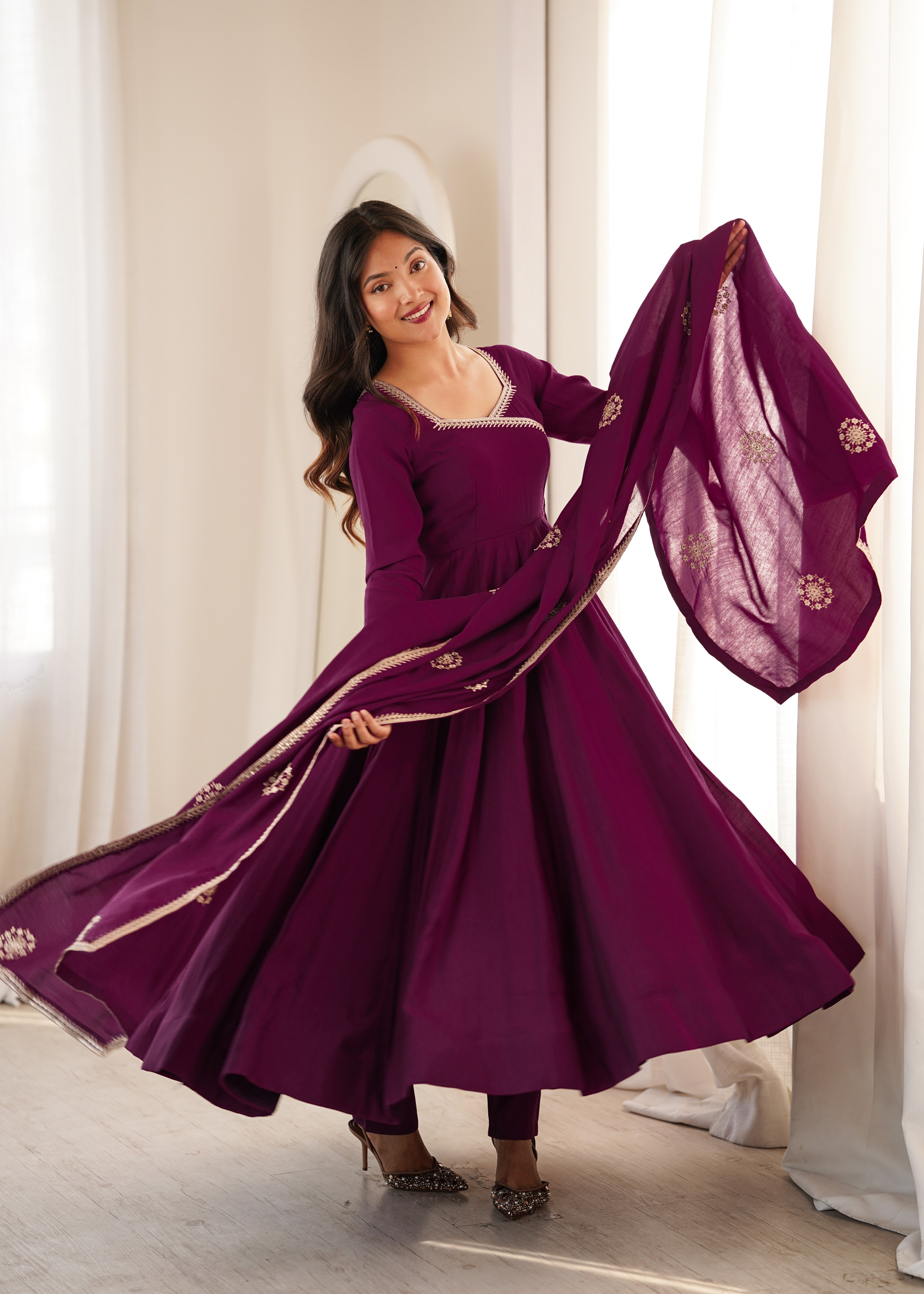 Wine Purple Pure Roman Chanderi Silk Angrakha Style Anarkali Suit Set with Dupatta & Pant