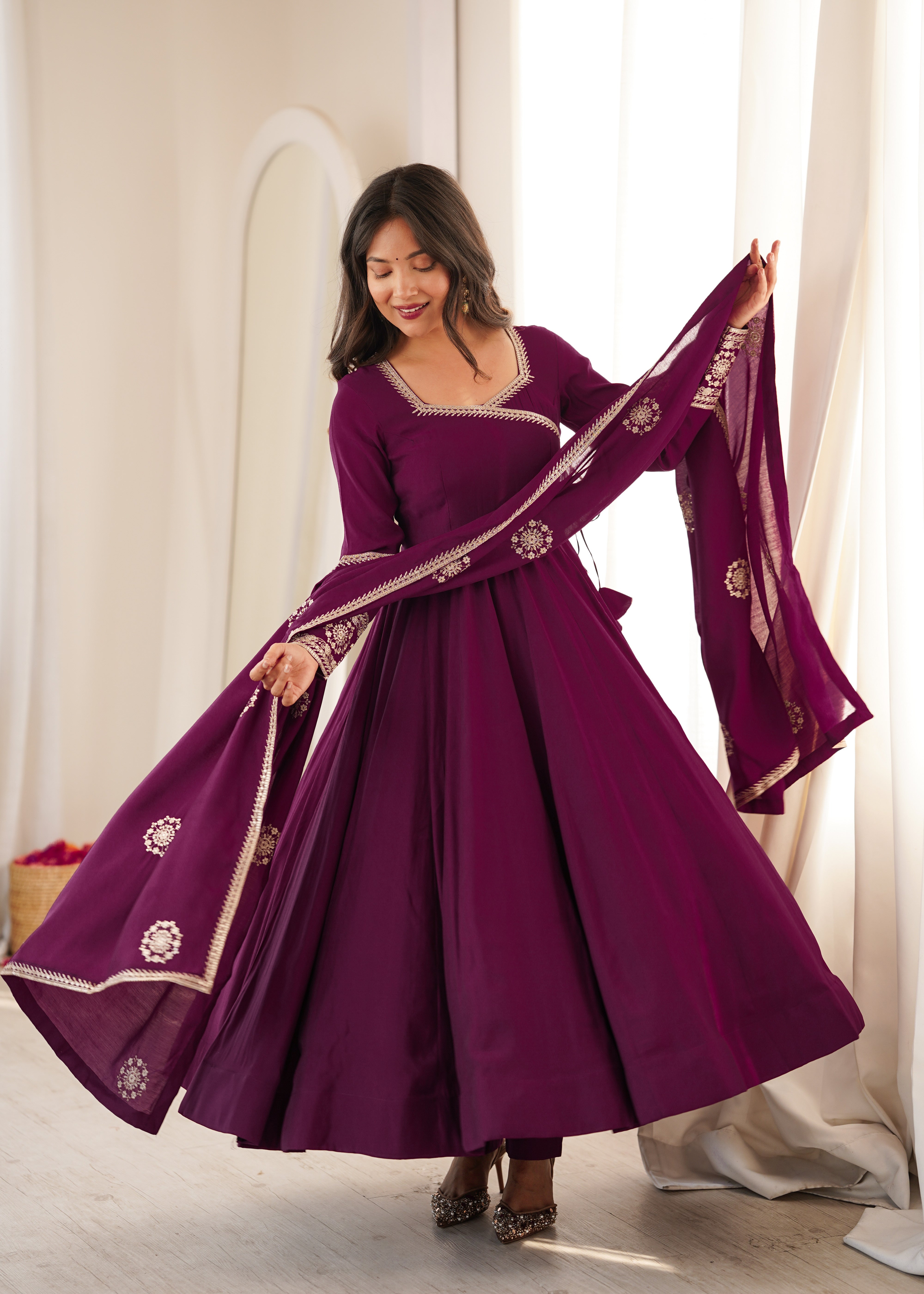 Wine Purple Pure Roman Chanderi Silk Angrakha Style Anarkali Suit Set with Dupatta & Pant