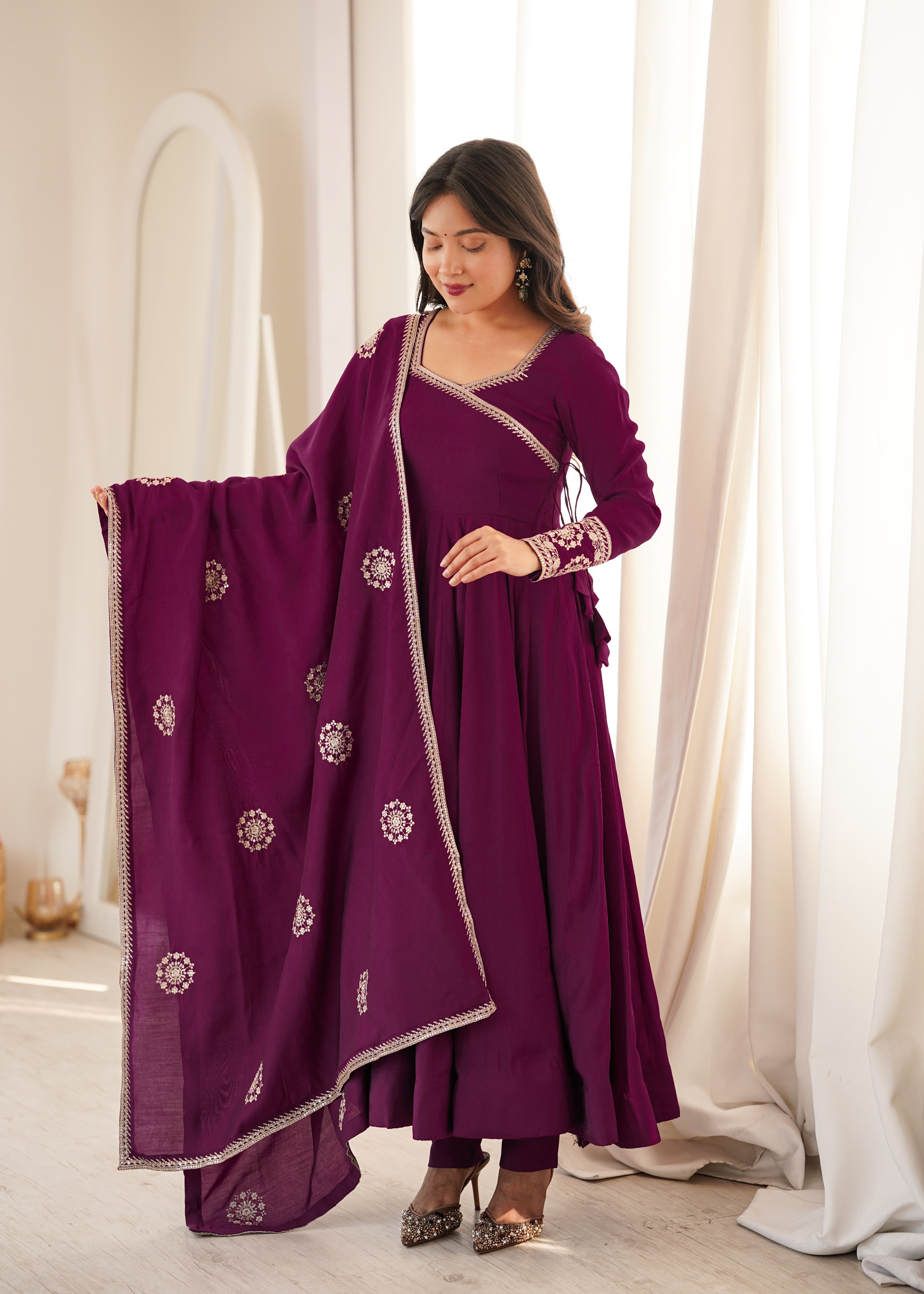 Wine Purple Pure Roman Chanderi Silk Angrakha Style Anarkali Suit Set with Dupatta & Pant