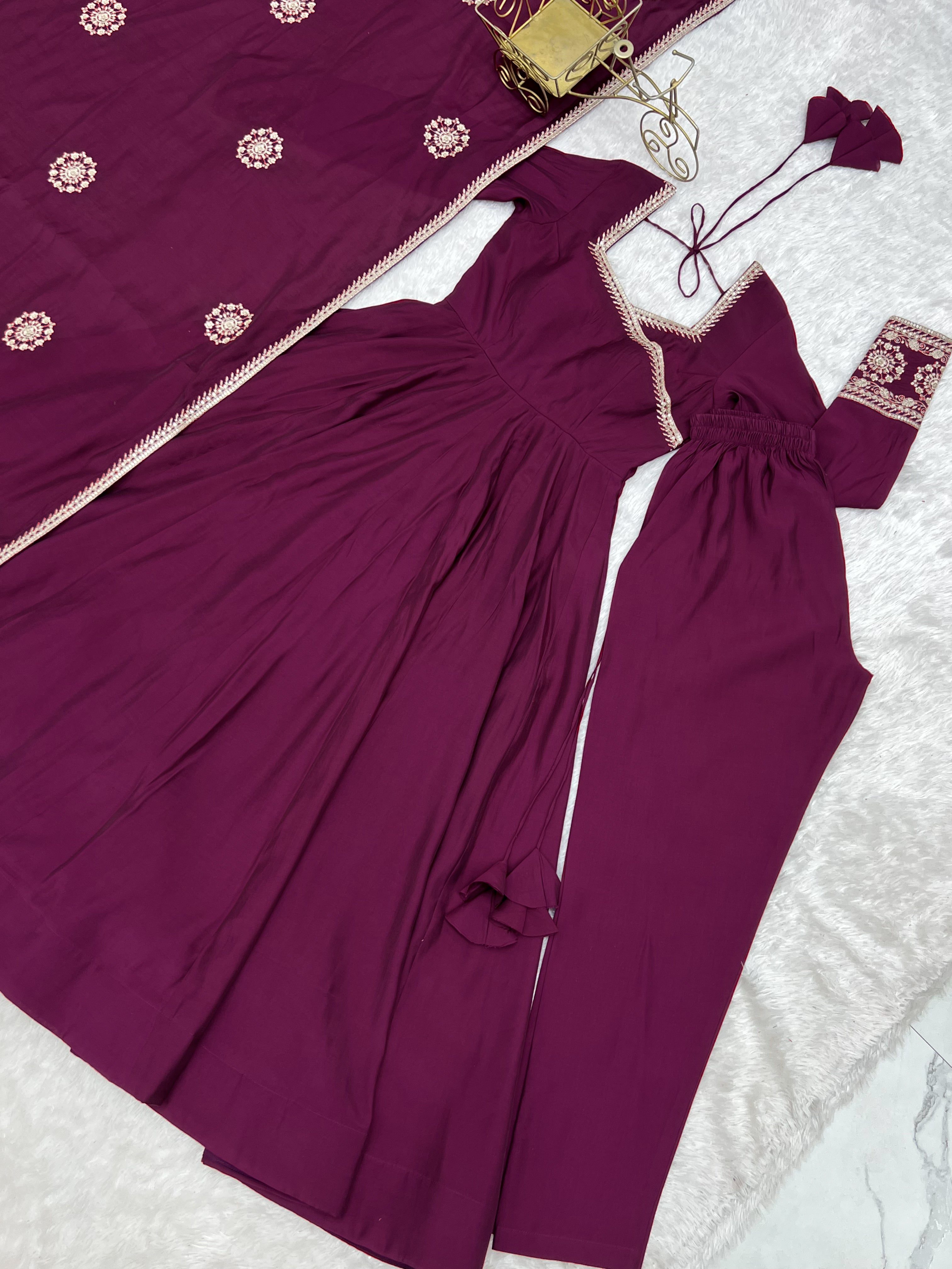 Wine Purple Pure Roman Chanderi Silk Angrakha Style Anarkali Suit Set with Dupatta & Pant