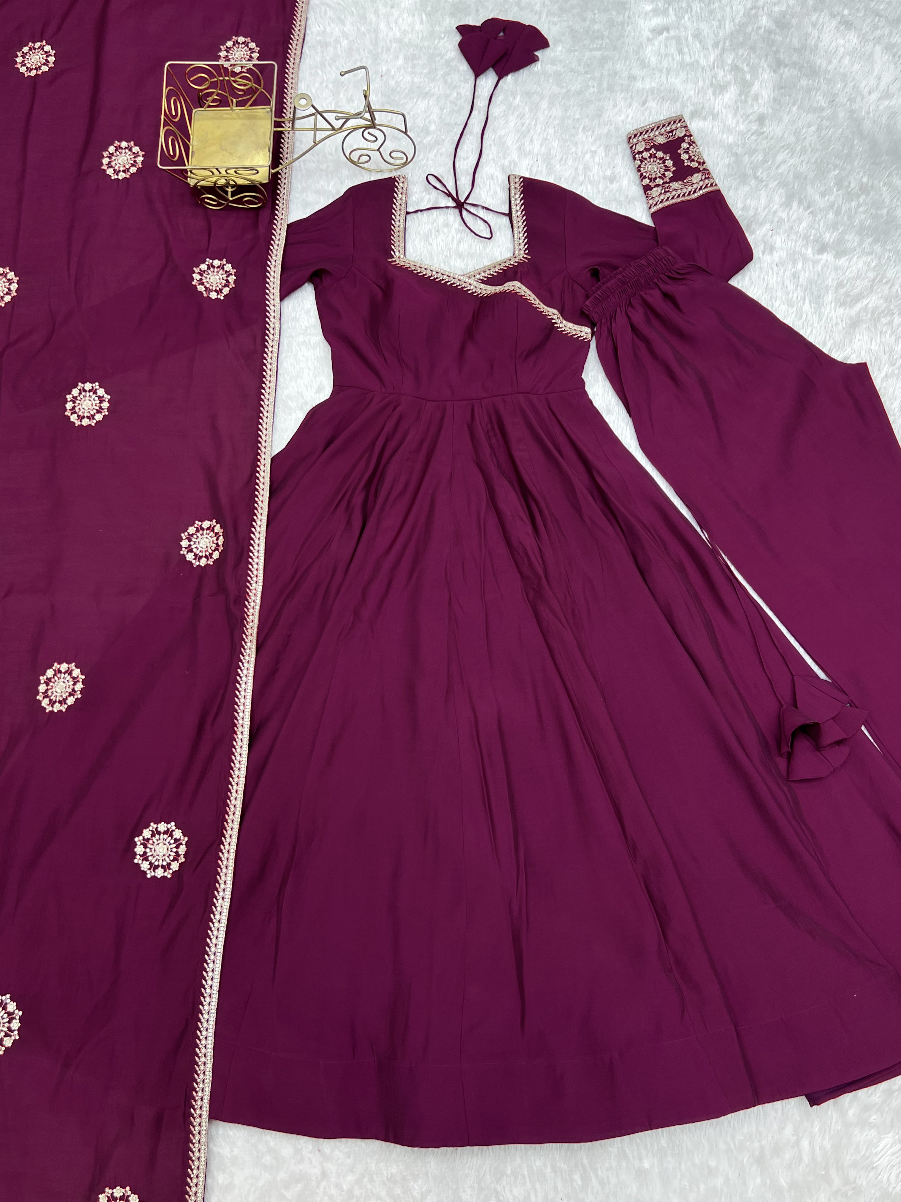 Wine Purple Pure Roman Chanderi Silk Angrakha Style Anarkali Suit Set with Dupatta & Pant