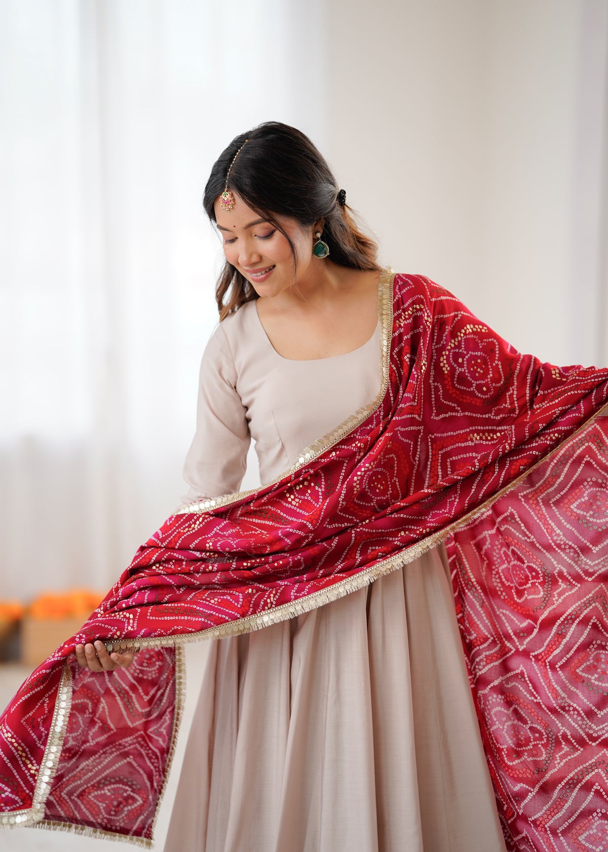 Wine Red Roman Cotton Embroidered Anarkali Gown Set with Dupatta & Pant
