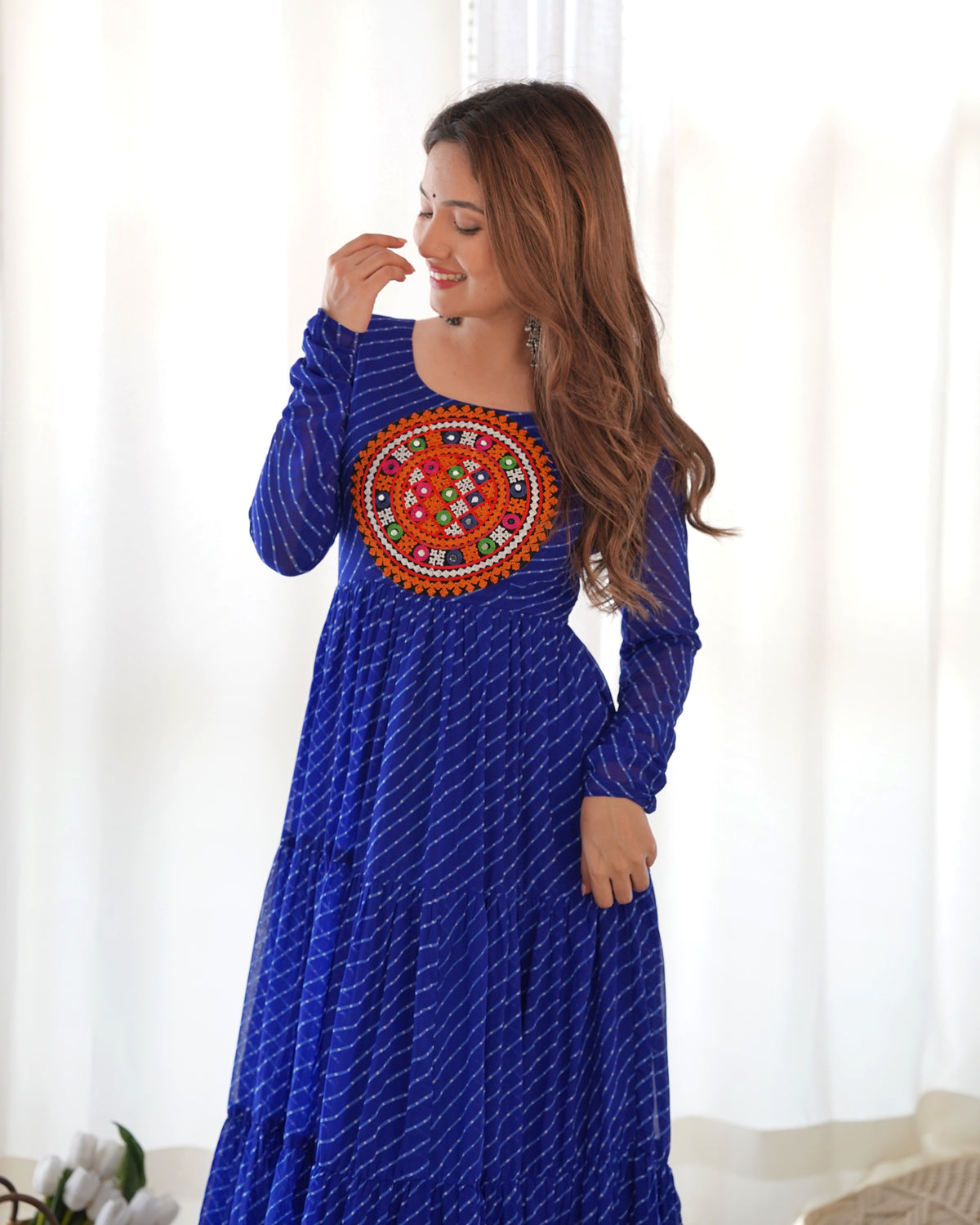 Royal Blue Laheriya Print 7 Meter Flair Anarkali Gown
