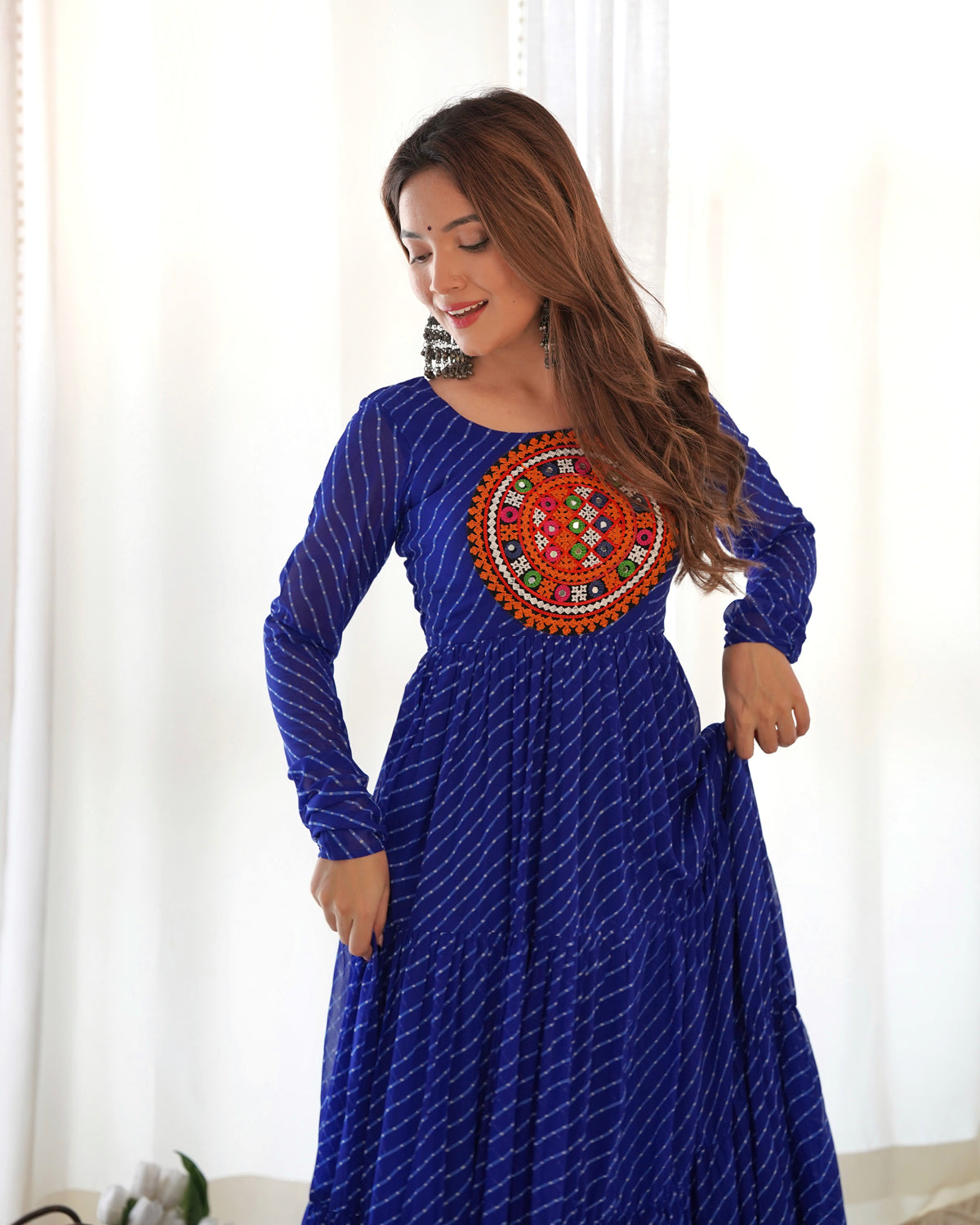 Royal Blue Laheriya Print 7 Meter Flair Anarkali Gown