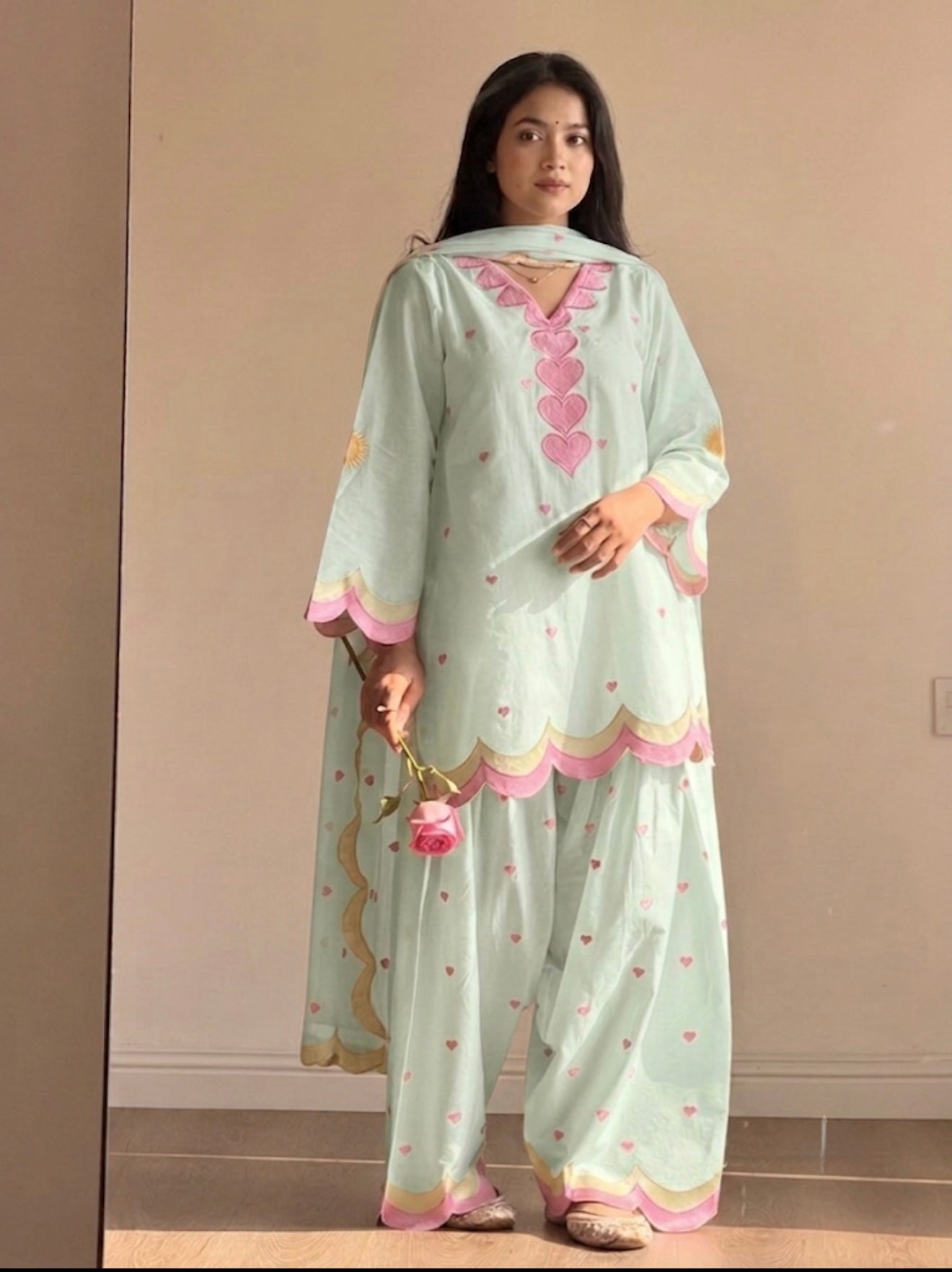 Mint Green Mal Chanderi Cotton Embroidered Farshi Salwar Suit Set