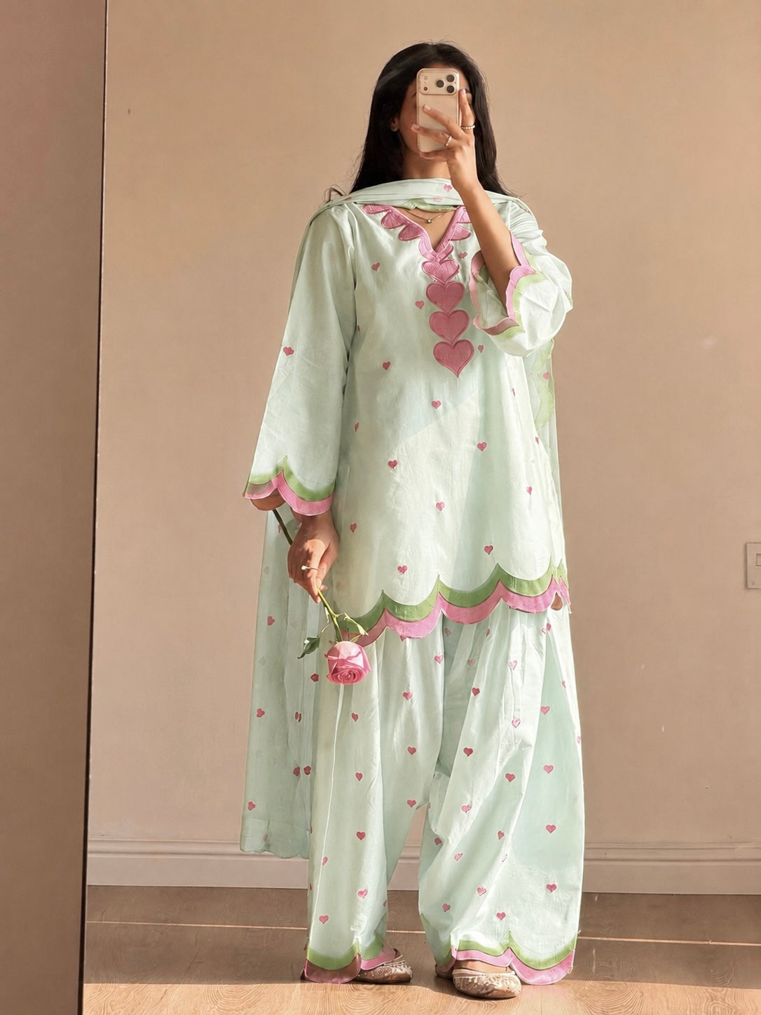 Mint Green Mal Chanderi Cotton Embroidered Farshi Salwar Suit Set