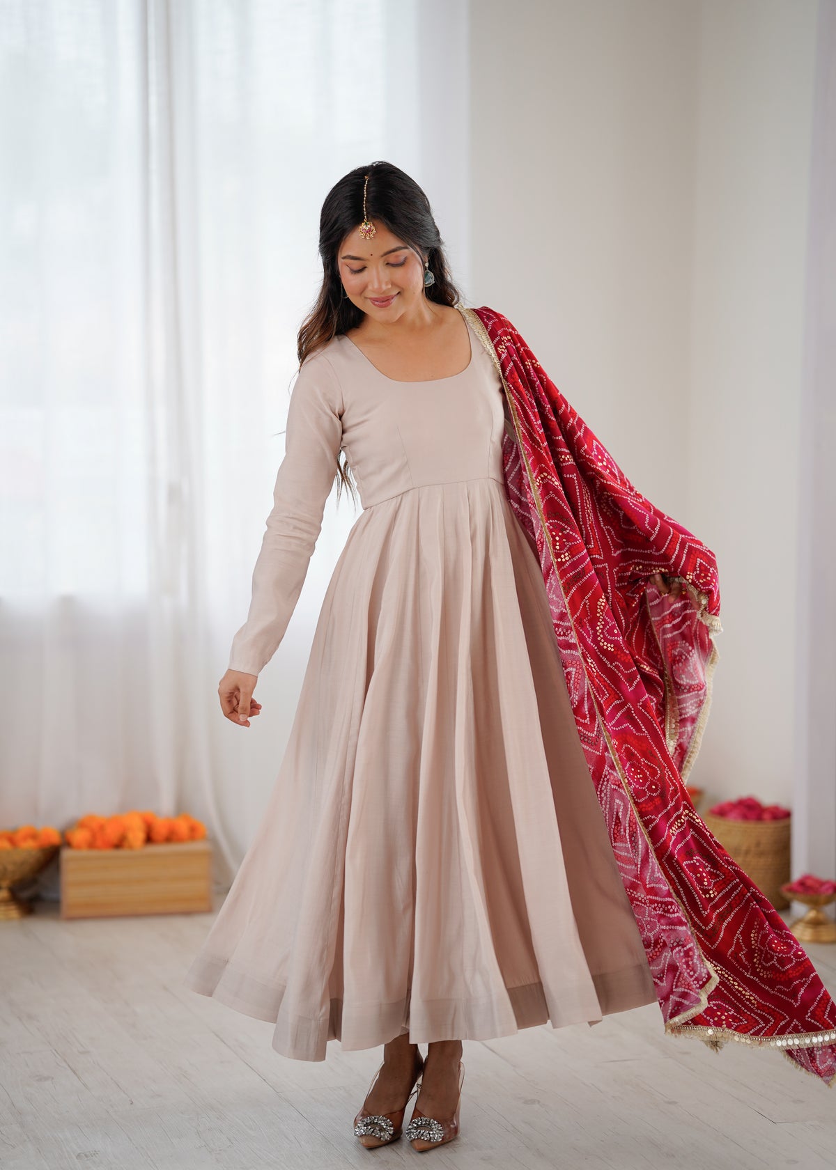 Wine Red Roman Cotton Embroidered Anarkali Gown Set with Dupatta & Pant
