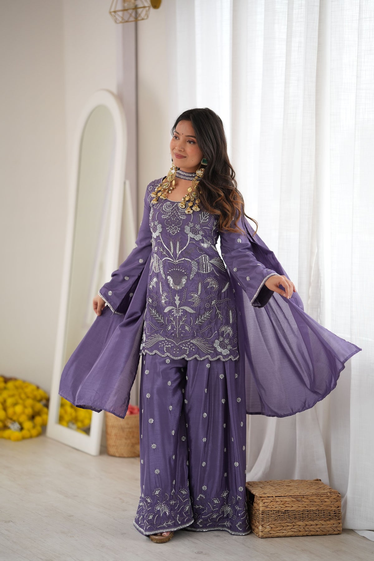 Purple Chinon Silk Cut Dana Beads Work Palazzo Suit Set with Dupatta