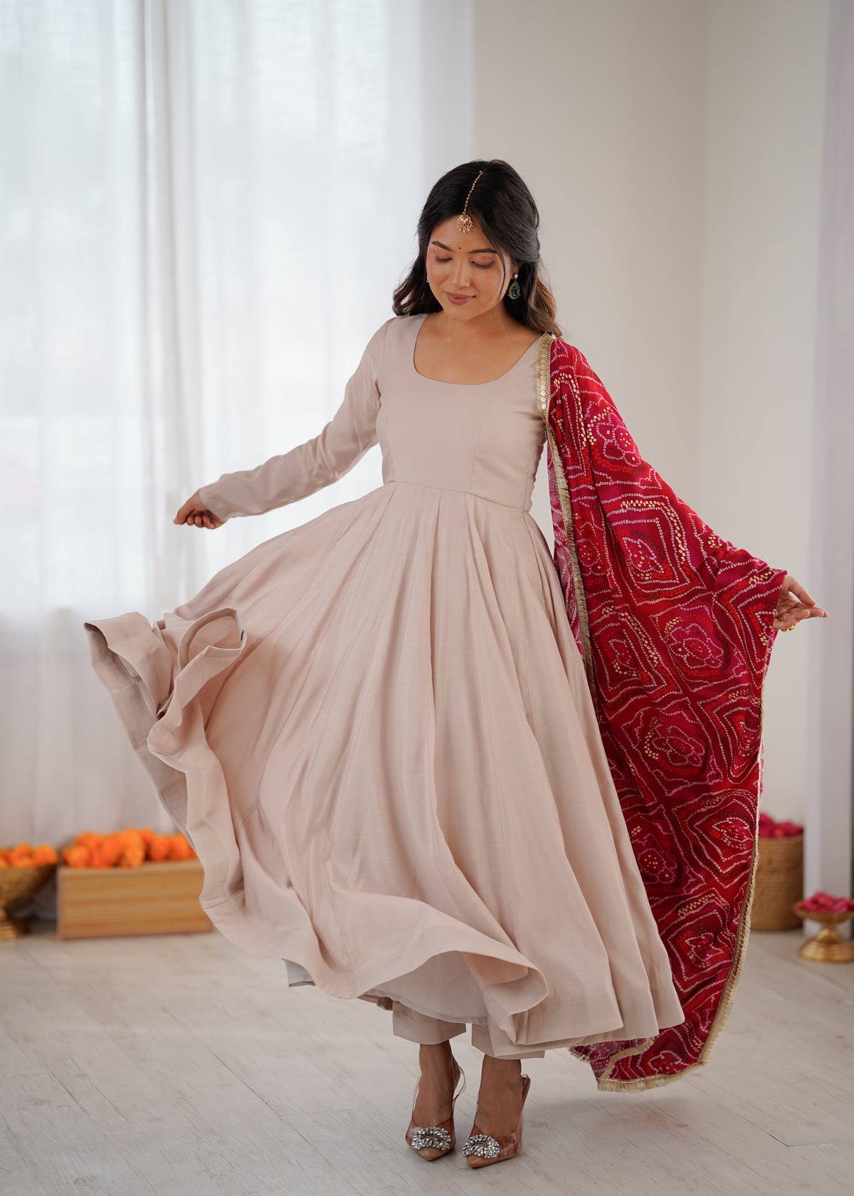 Wine Red Roman Cotton Embroidered Anarkali Gown Set with Dupatta & Pant