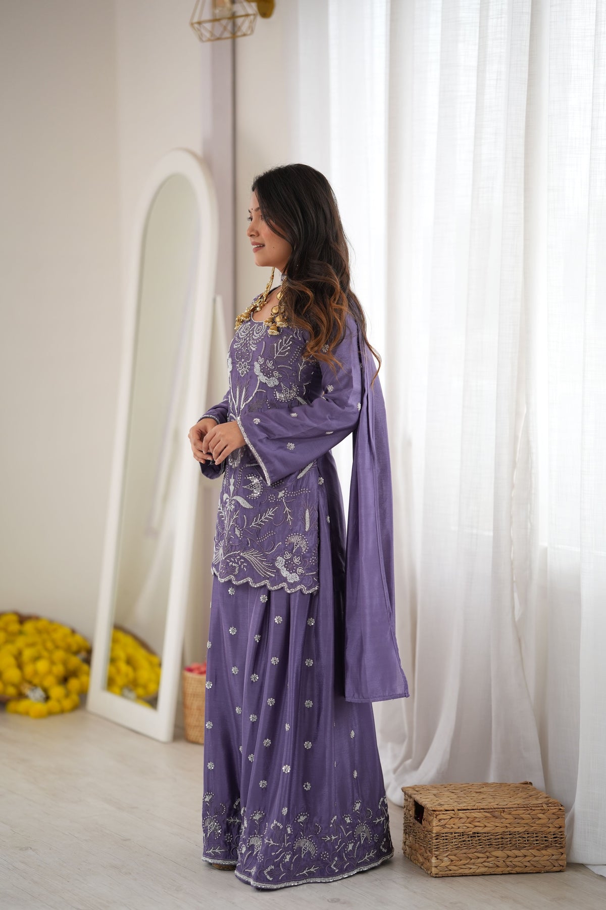 Purple Chinon Silk Cut Dana Beads Work Palazzo Suit Set with Dupatta